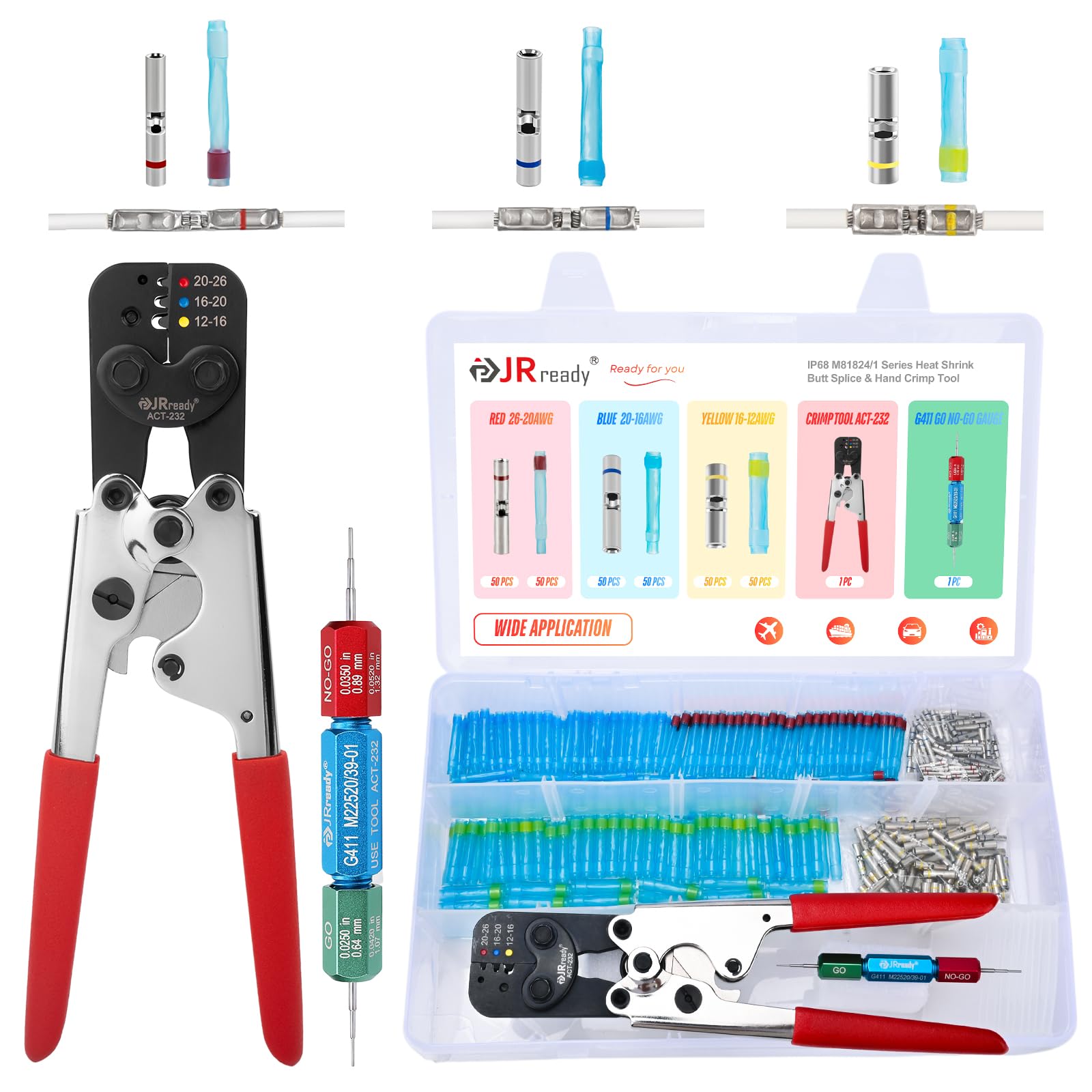 JRready ST6487 AS81824 Crimp Splices Kit with ACT-232 Crimp Tool (M22520/37-1 Equivalent) G411 Go-No Go Gauge 150 Sets Environmental Copper Splices &