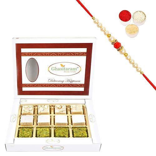 Ghasitaram Gifts Rakhi Regalos para hermanos Rakhi Sweets - Pure Kaju Badam Pista Barfi 12 piezas con cuentas Rakhi