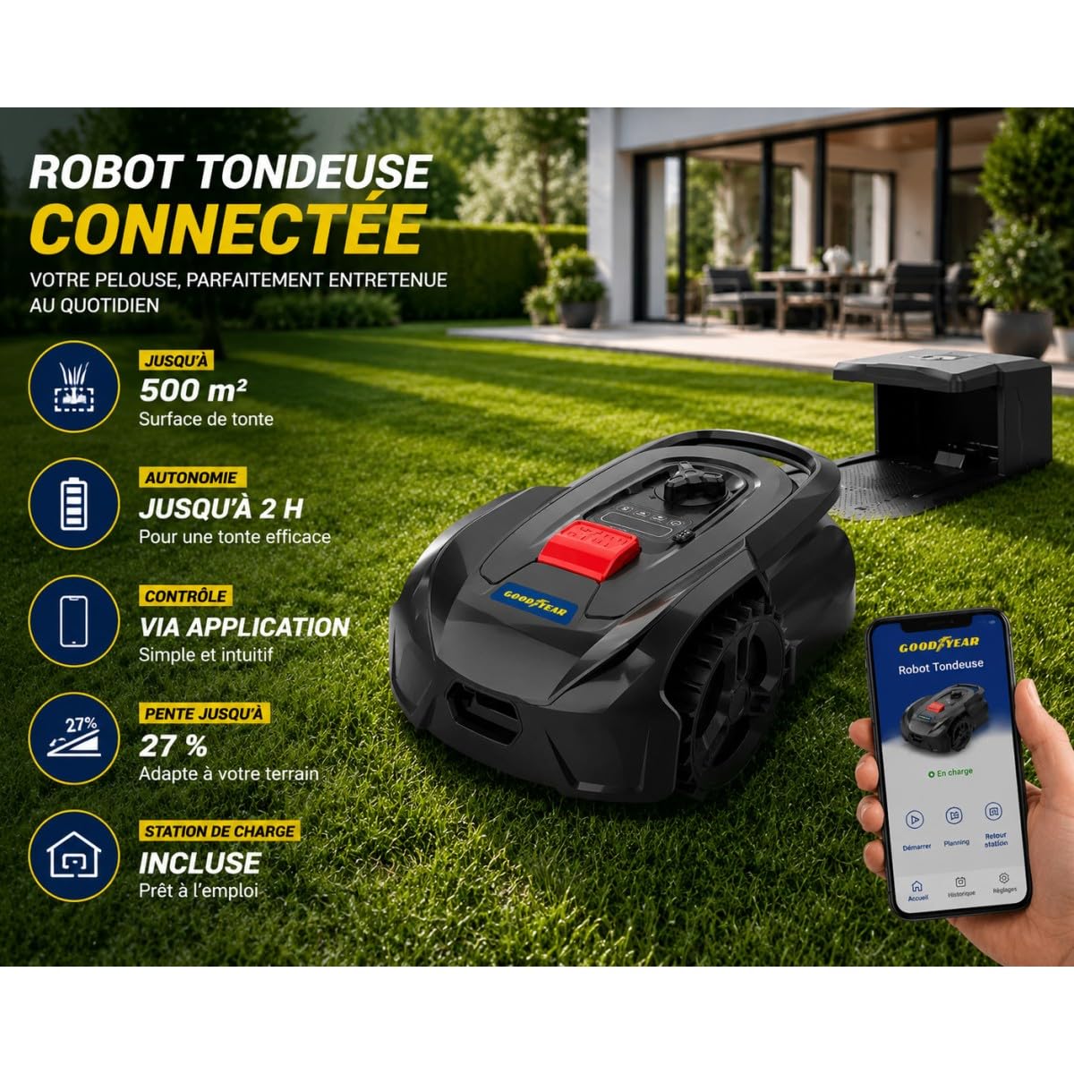 Goodyear - Robot cortacésped Conectado silencioso, Cortacésped jardín 500 m2 Cable periférico 300 m + estación de Carga, Control vía aplicación
