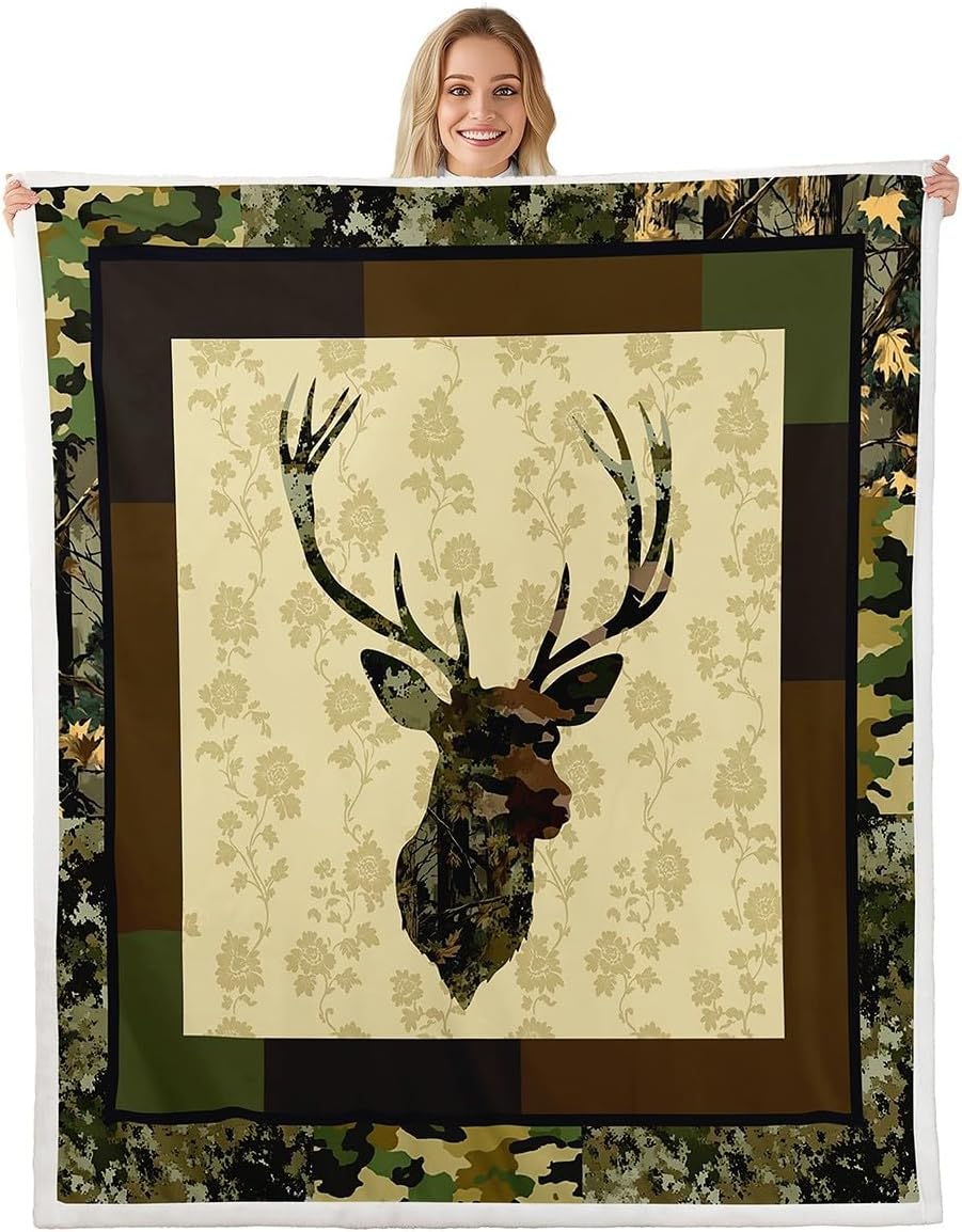 Feelyou Deer Hunting Plush Blanket for Bed Sofa Couch for Kids Hunting Gifts Sherpa Blanket Boys Girls Deer Antlers Plush Blanket for Bed Sofa Couch Farmhouse Fuzzy Blanket Queen 90"x90"