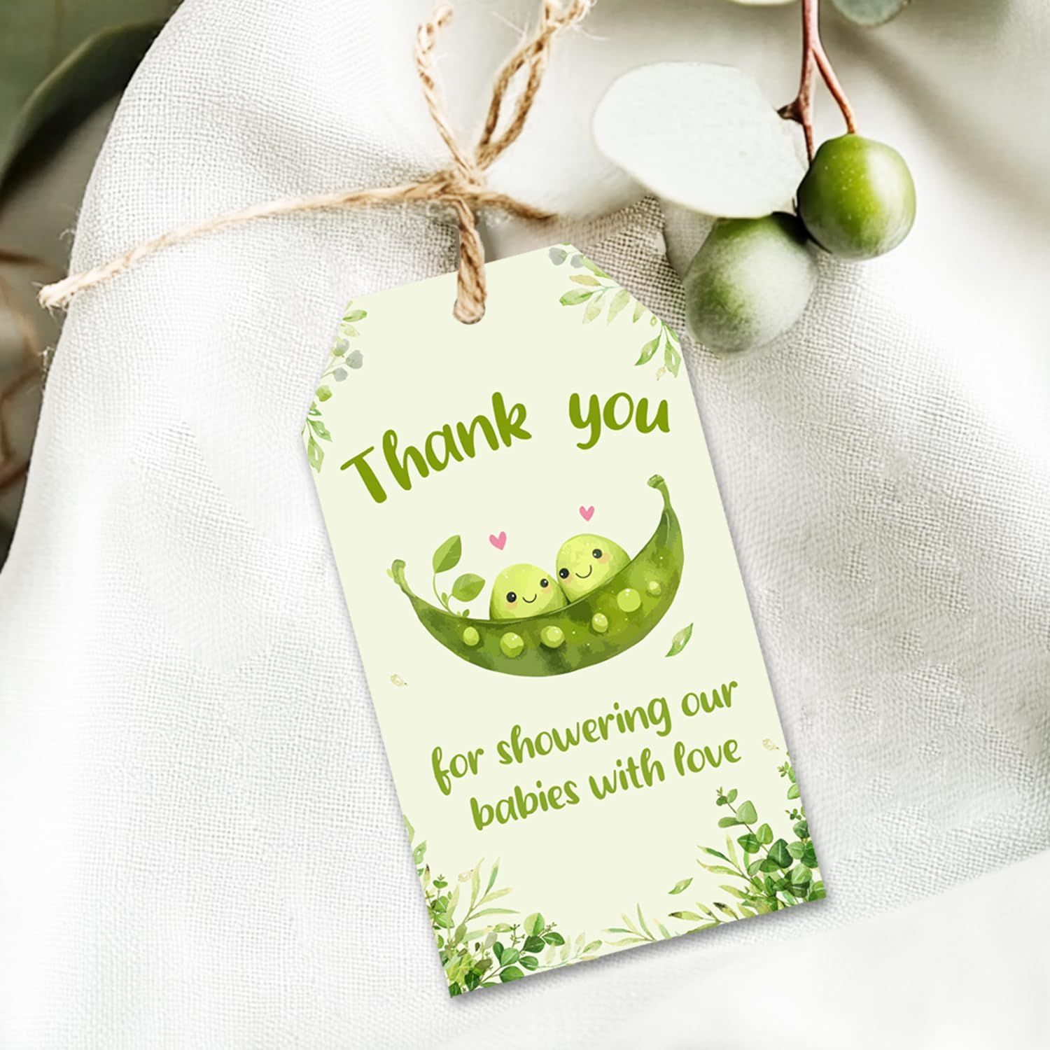 Two Peas in A Pod Baby Shower Decorations Pea Themed Thank You Tags with String for Boy Girl Baby Shower Party