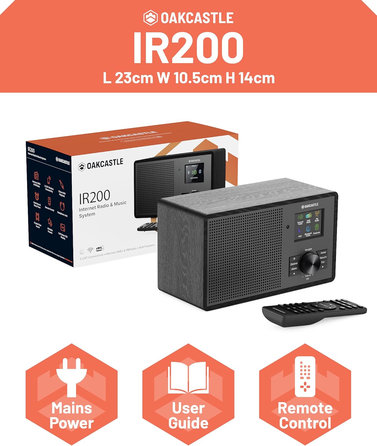 Oakcastle IR200 radio, packaging, power cable, remote control, and user manual