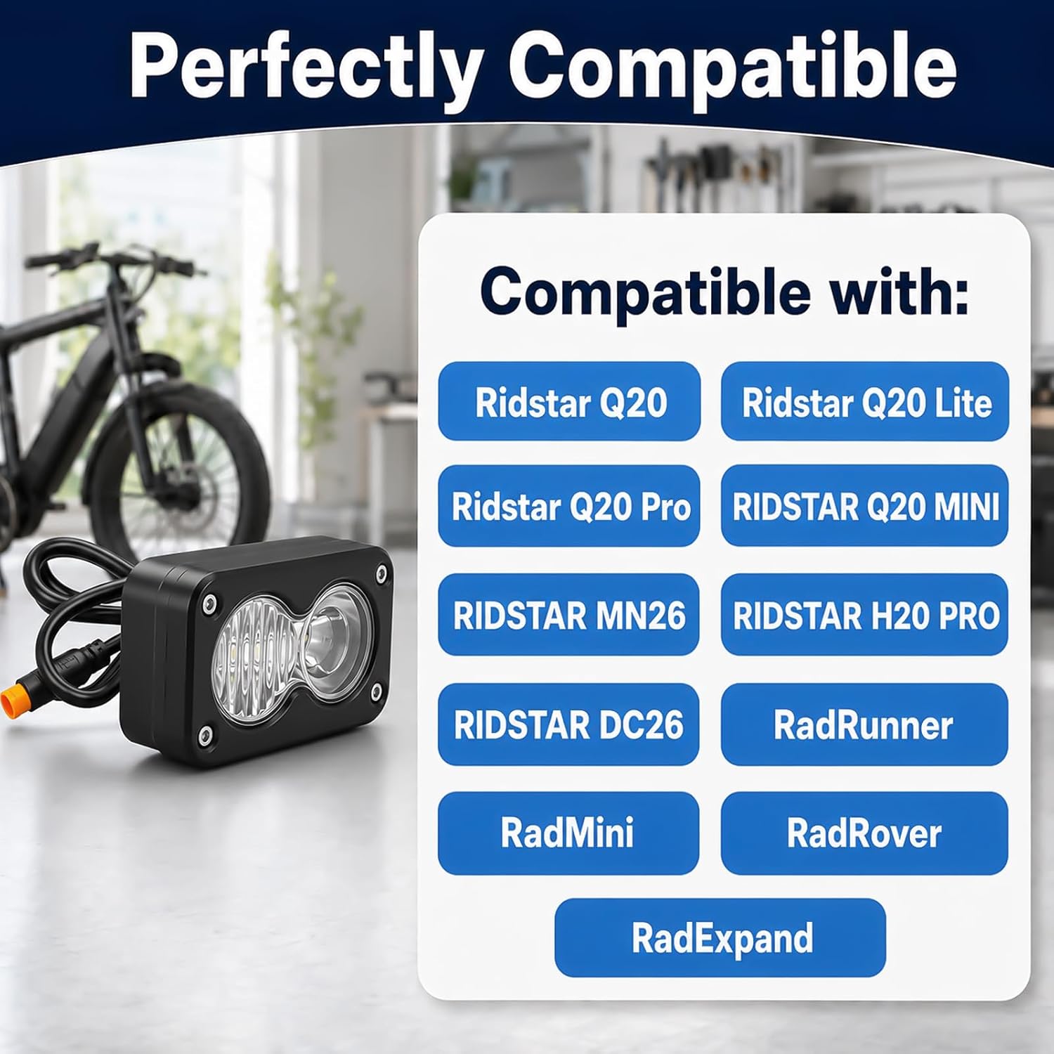20W 6000-6500K Ebike Light for Baja, 12-60V Waterproof 3 Pin Ebike Headlight, LED Headlight Upgrade Kit for Ridstar Q20, RadRunner RadMini RadRover RadExpand Ebike