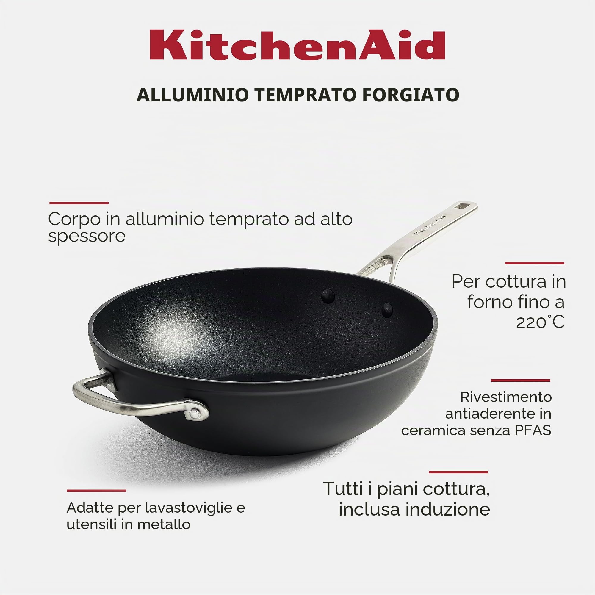 KitchenAid Forged Hardened Aluminium Padella Wok antiaderente in Alluminio Forgiato anodizzato Senza PFAS Ceramica antiaderente, 30cm/5l, induzione, adatto al forno, lavabile in lavastoviglie, nero