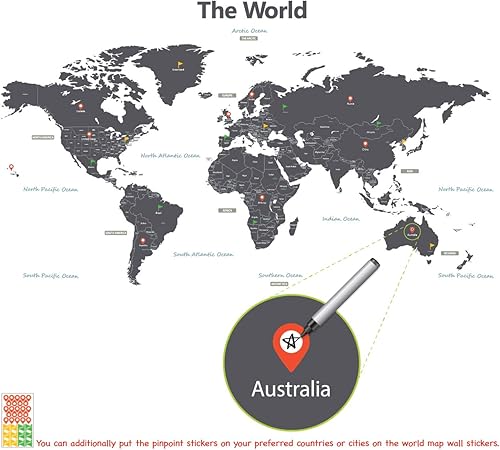Miniatura 7 de DECOWALL DLT-1609G - Calcomanías de pared para niños, diseño moderno de mapa del mundo gris, calcomanías de pared extraíbles para niños, guardería,