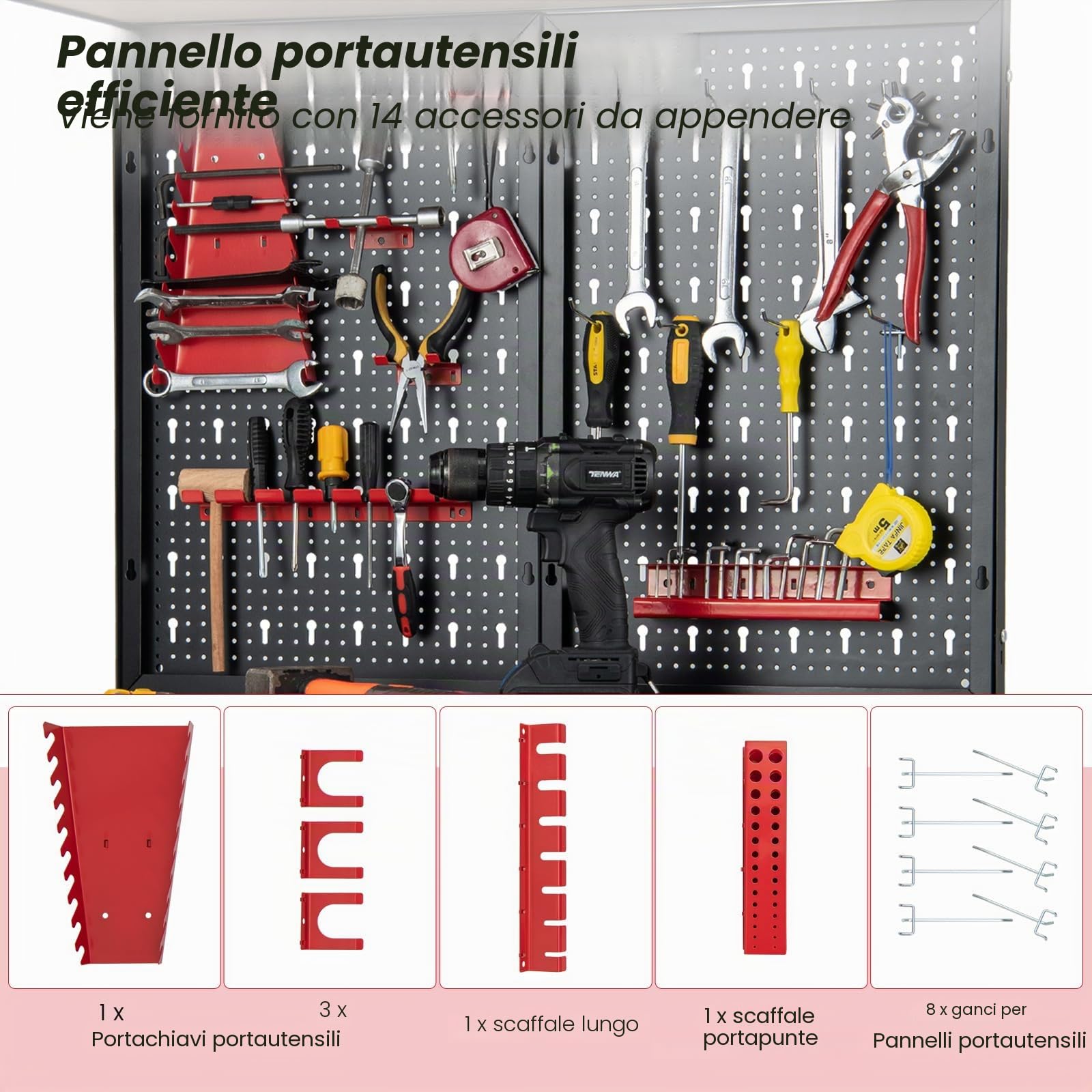 FANTASK Banco da lavoro alto 155 cm, banco attrezzi con parete forata e 13 accessori, tavolo da lavoro con cassetto