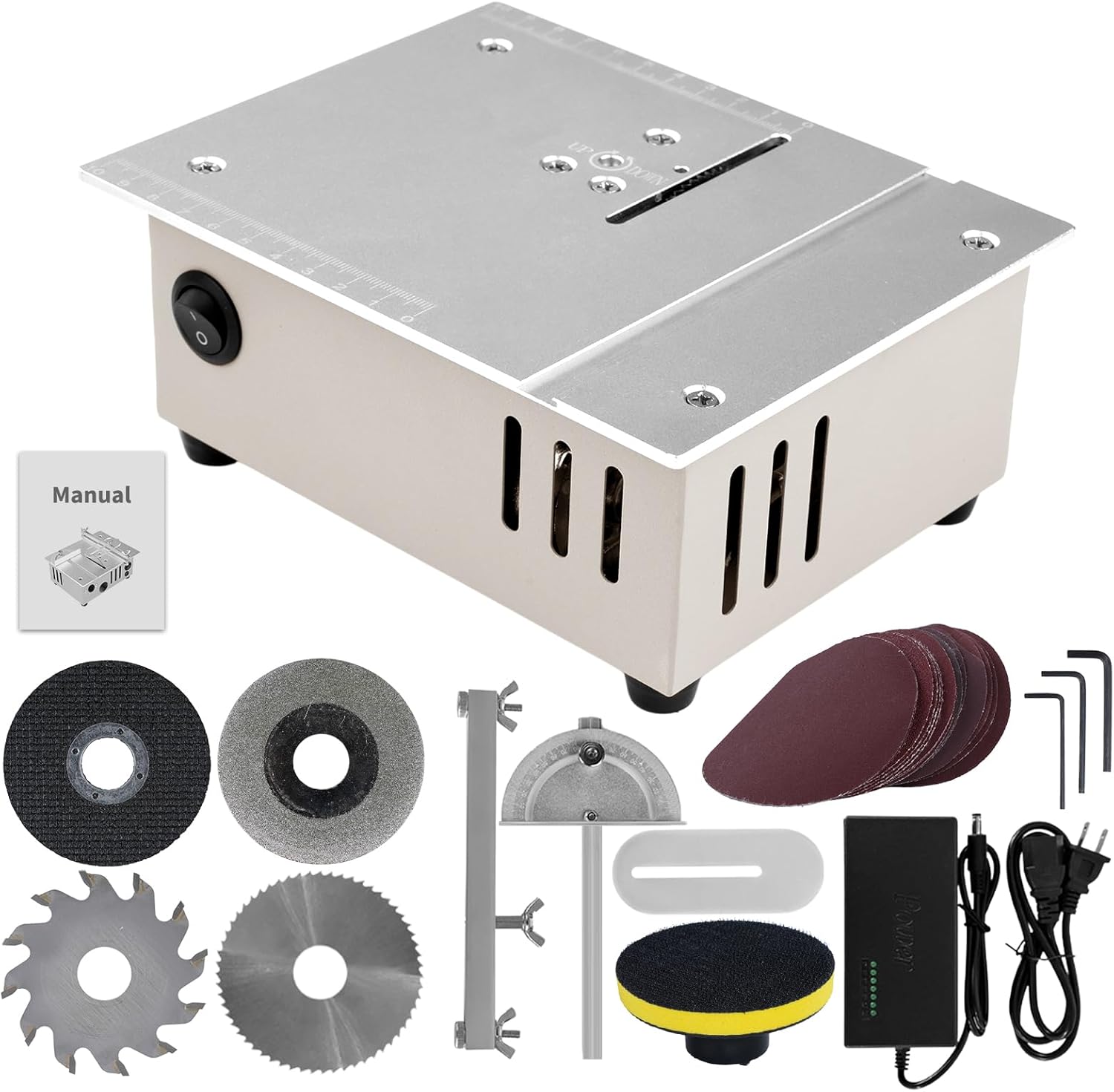 Mini Table Saw for Crafts, 7'' 96W Mini Multi Functional Table Saw, Dual-Motor Control for Cutting, Grinding,Engraving and Drilling, Speed & Angle Adjustable for Wood/PCB/Acrylic/Plastic