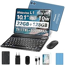 fezawio F10 Tablet 10 Pollici, Tablet Android 14, 22 GB RAM+128 GB ROM |1TB TF |8000mAh |5G Wi-Fi |Octa-Core |Widevine L1 |2.0Ghz Tablet PC Con Tastiera Mouse Fondina, Migliore Regalo-Blu
