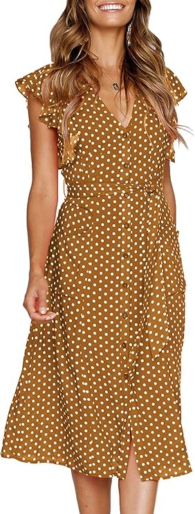 MITILLY Women's Boho Polka Dot Flutter Short Sleeve V Neck Button Down Swing Midi Dress with Pockets