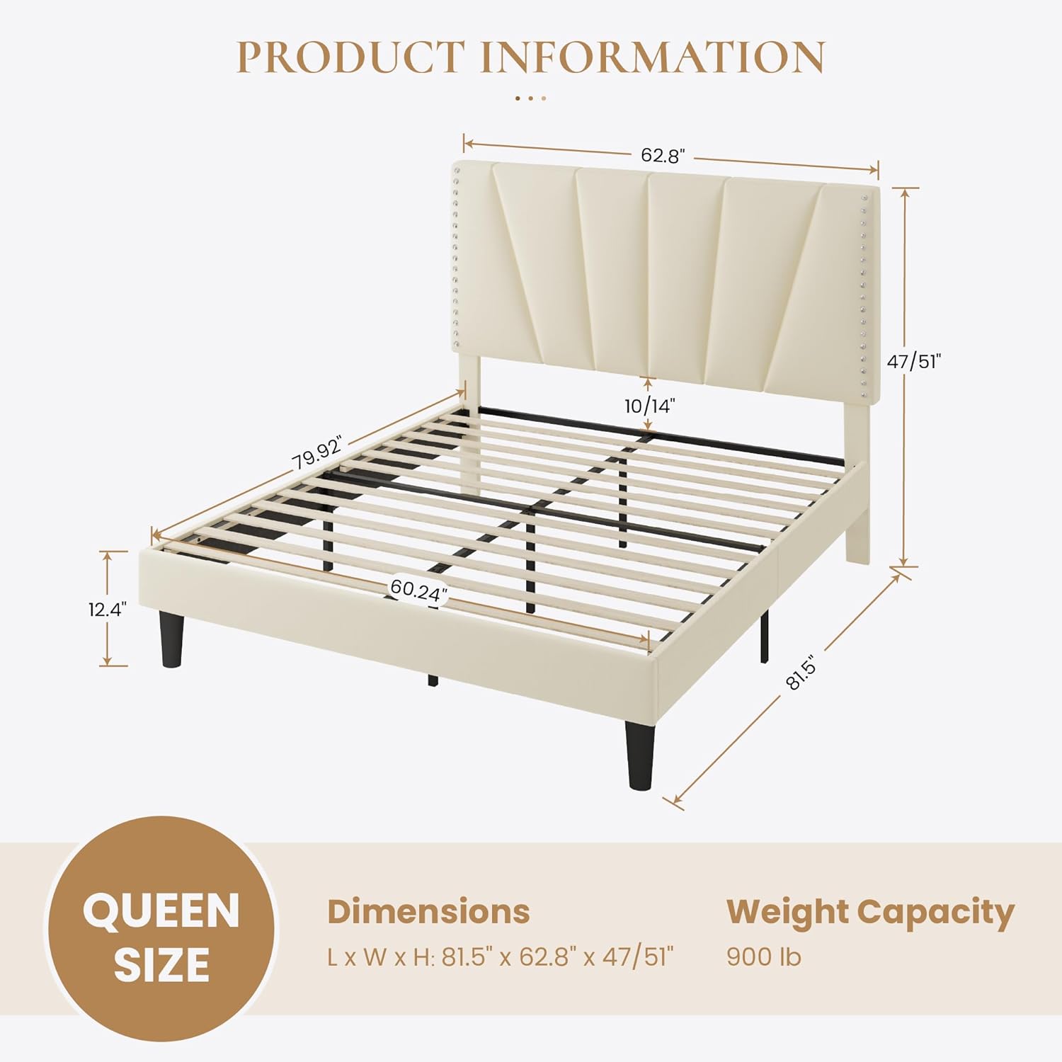 SHA CERLIN Queen Size Bed Frame with Adjustable Upholstered Velvet Rivets Headboard, Sturdy Wooden Slats, Strong Platform Support for Mattress, No Box Spring Needed, Easy Assembly, Cream