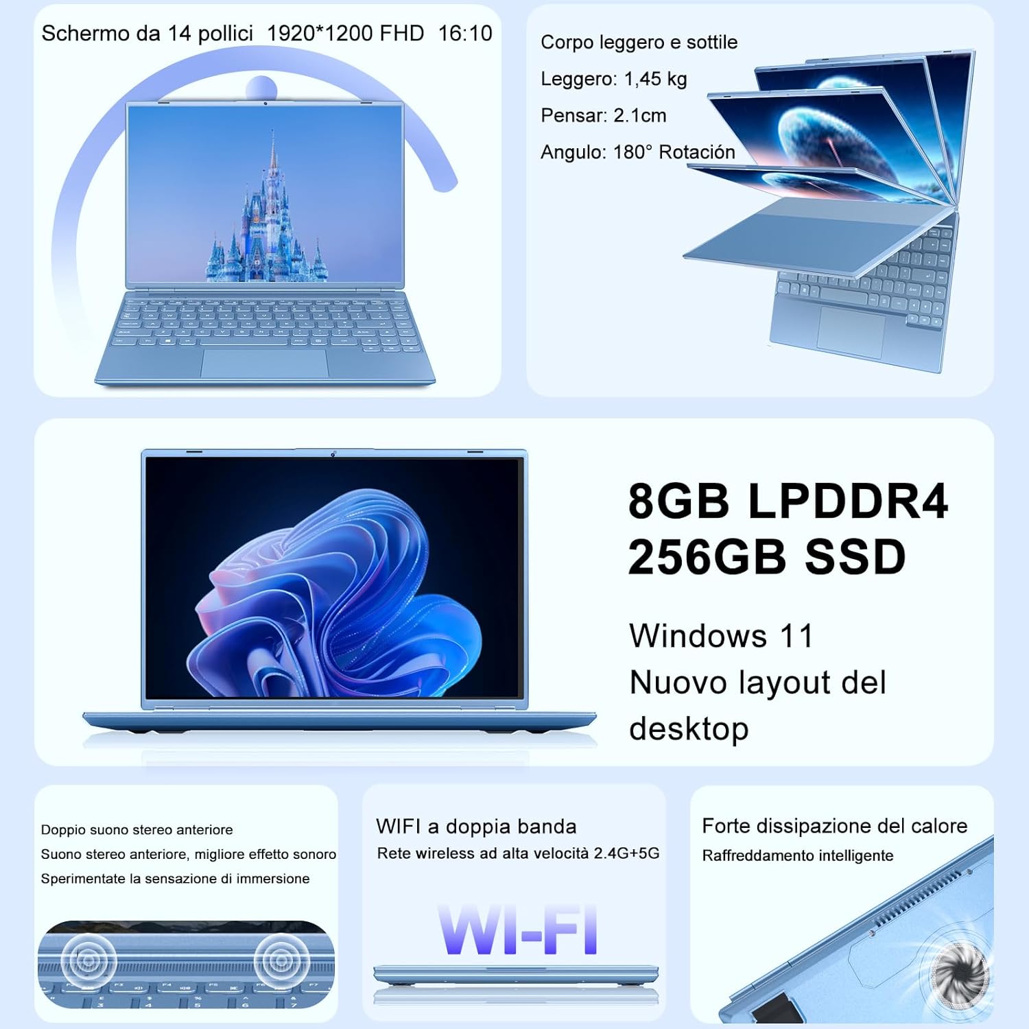 AOCWEI Windows 11 PC Portatile 8GB DDR4 256GB SSD 1TB Estensioni Intel N5095 (Fino a 2.9Ghz), Notebook 14 Pollici con Ventola Raffreddamento Schermo 1920 * 1200 2K FHD Dual WIFI Supporto - Blue AOCWEI Windows 11 PC Portatile 8GB DDR4 256GB SSD 1TB Estensioni Intel N5095 (Fino a 2.9Ghz), Notebook 14 Pollici con Ventola Raffreddamento Schermo 1920 * 1200 2K FHD Dual WIFI Supporto - Blue