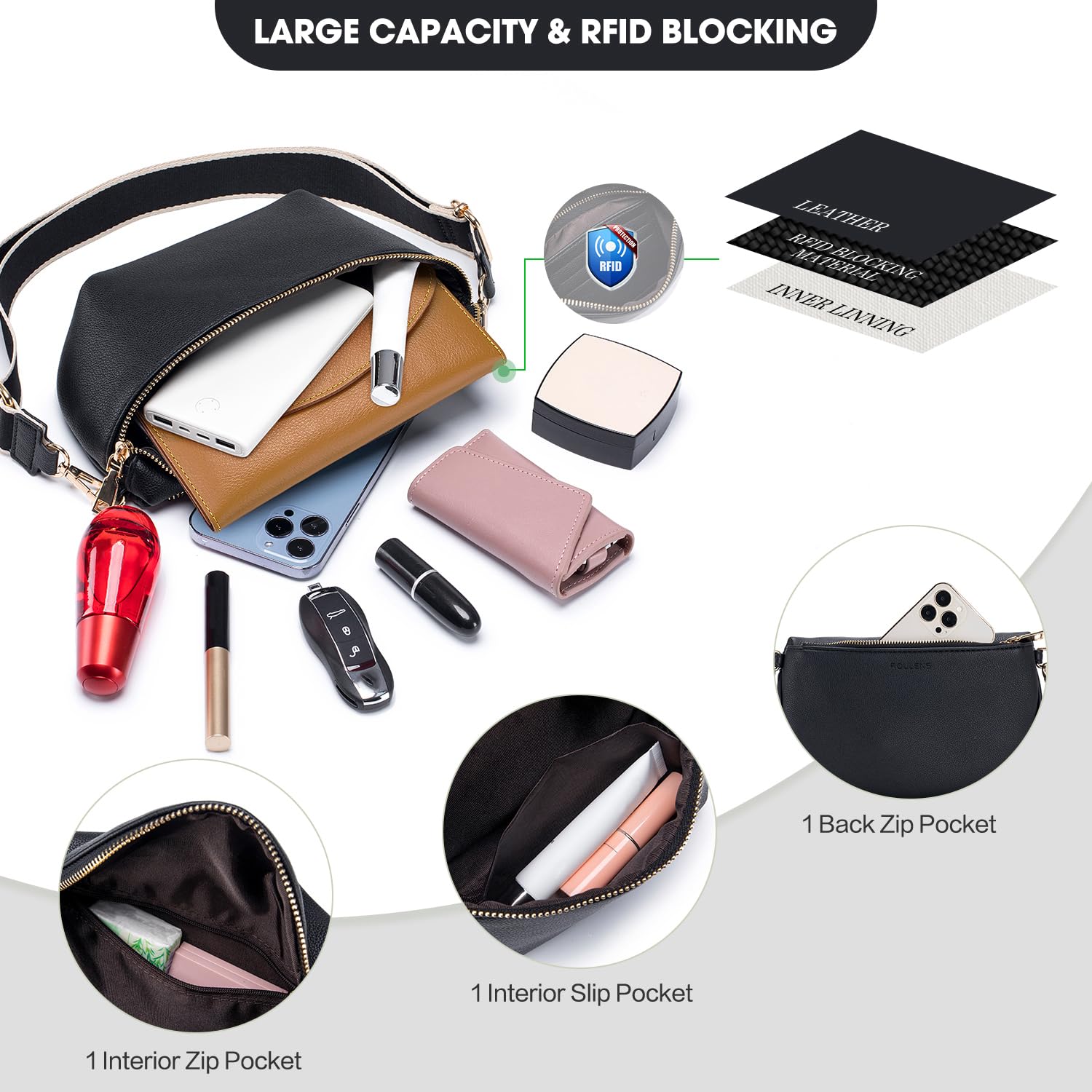 Roulens Sac à Bandoulière Tendance Pour Femme - Sac Banane en Cuir PU Végétalien Souple de Grande Capacité avec Bandoulière Large Réglable et Amovible