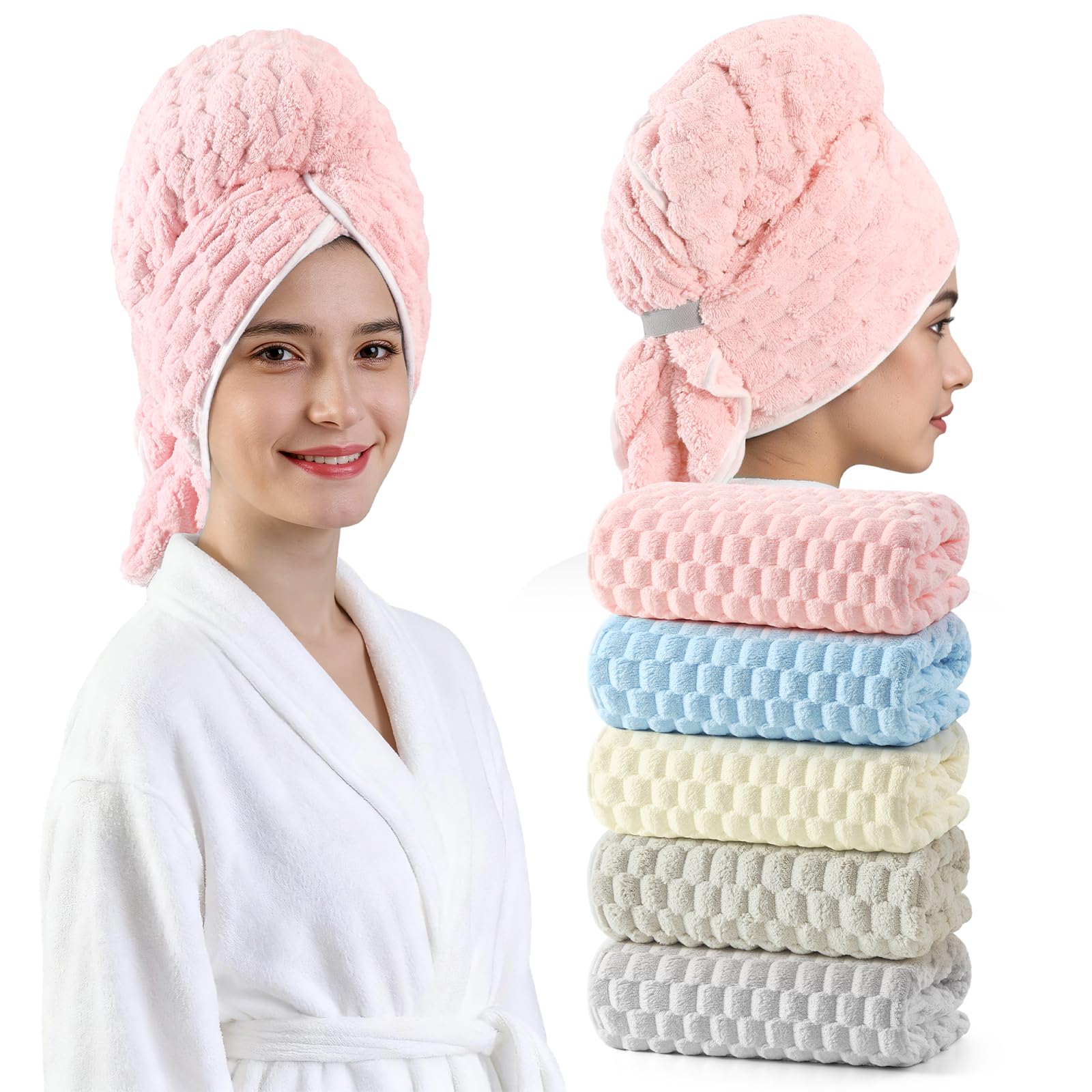 REDKISS 5 Pack Extra Large Hair Towels - Microfiber Hair Towel Wrap for Women, 23 x 47 inches Hair Towels with Elastic Strap, Super Soft Hair Drying Towels for Long, Thick, Curly Anti Frizz Turbans