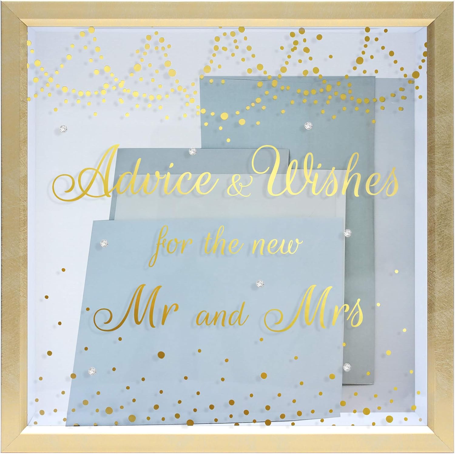 MIMOSA MOMENTS Wedding Advice & Wishes Card Box, Gold & White Shadow Box with Rhinestones, Mr & Mrs Wedding Reception Card Holder for Ceremony & Party Decor