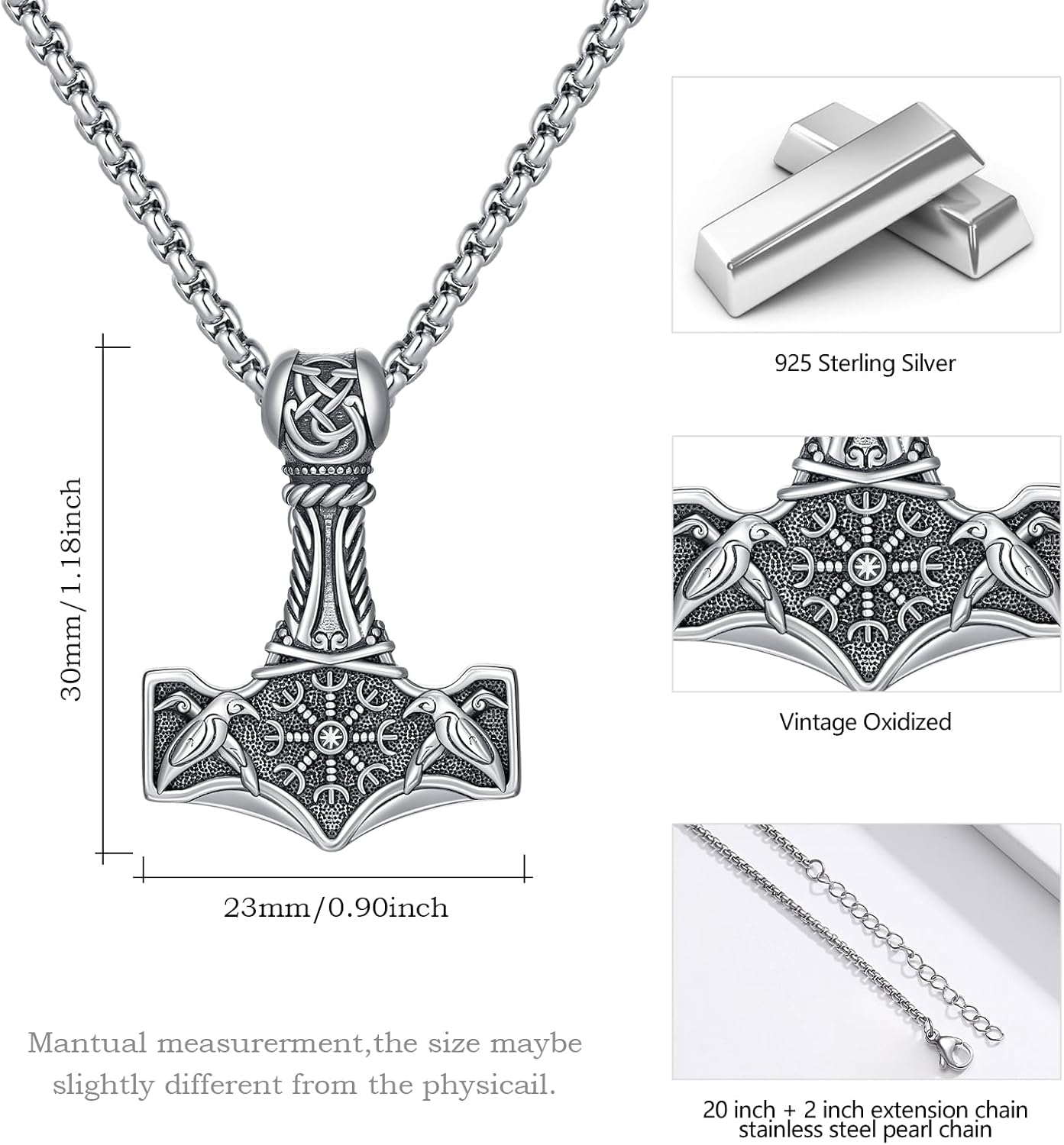 Thor Hammer Necklace 925 Sterling Silver Viking Mjolnir Hammer Talisman Pendant Norse Runes Amulet Jewelry Nordic Thors Hammer Jewelry Gifts for Men Women with 22’’+2’’Rolo Chain-Viking Mjolnir 01 - Image 4