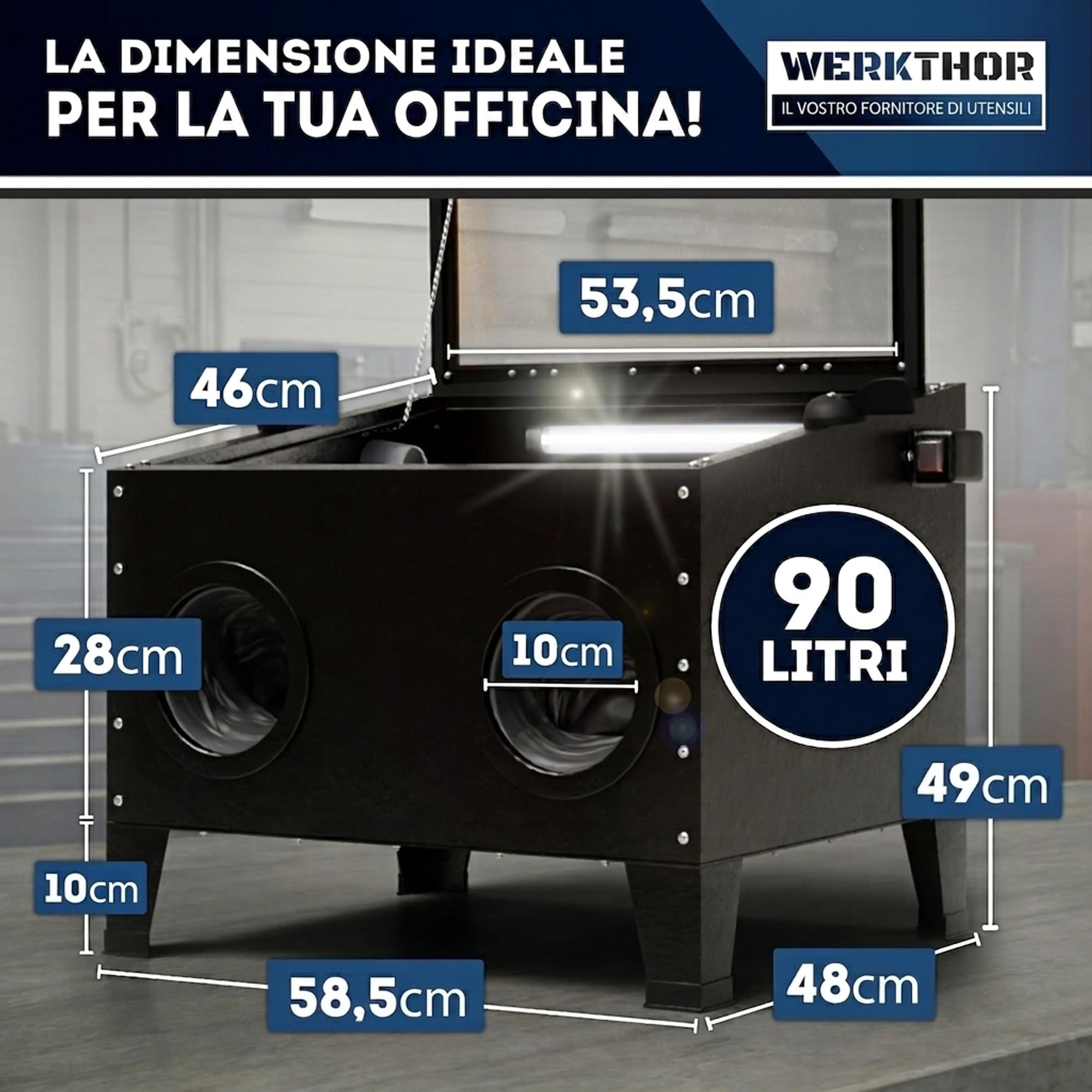 Werkthor Cabina sabbiatrice 94,8 litri – sabbiatrice per legno e metallo con pistola a getto e 4 ugelli in ceramica – sabbiatrice per trattamento – 25 galloni
