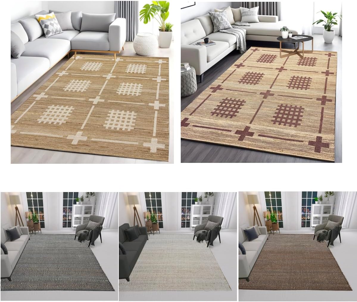 Jute Area Rug, Diamond Design, Natural Base with Colored Threads, Multiple Sizes and Colors (Charcoal Black, 3' X 5')