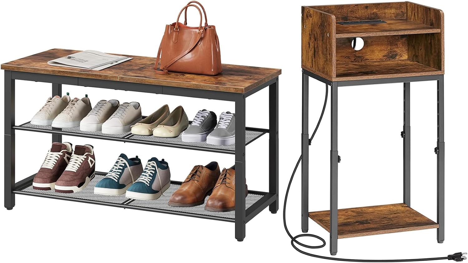 HOOBRO Shoe Bench and Nightstand with Charging Station Bundle, Sturdy Metal Frame Storage Organizer for Living Room, Bedroom BF75HX01-BF269UBZ01
