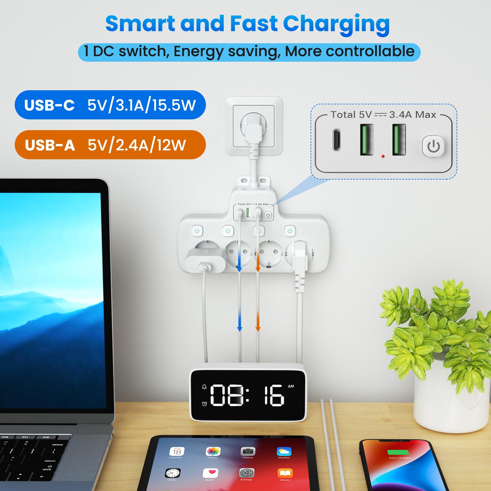 Ciabatta Multipresa con USB C,Presa Multipla Salvaspazio Ciabatta Elettrica con Interruttore 4 Presa Adattatore Schuko e 3 USB Carica Parete Multipresa da Scrivania Spina Tedesca Cavo Corto,Bianco