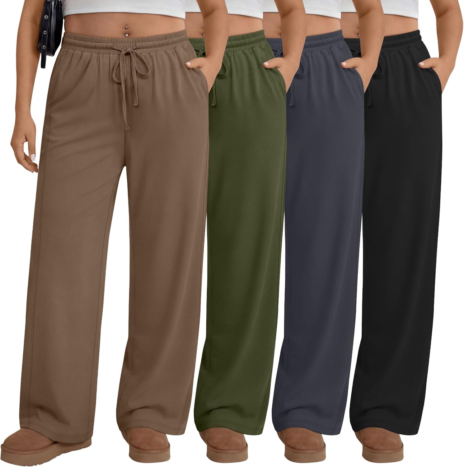4 Pack Women's Plus Size Pants Wide Leg Yoga Pants Elastic Waist Drawstring Sweatpants Pocket Lounge Casual Jogger