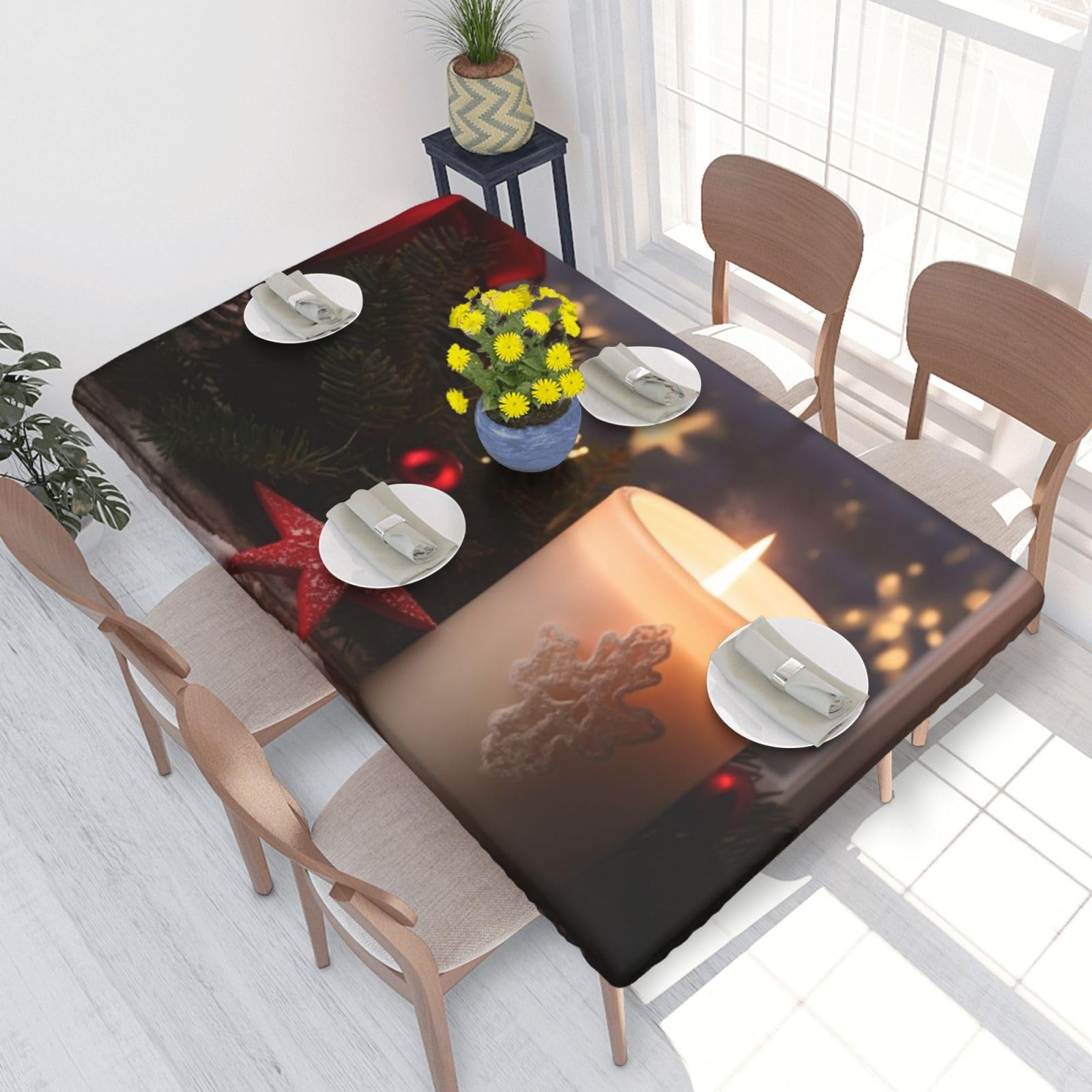 Merry Christmas Candle Waterproof Square Table Cover Elastic Fitted Tablecloth Oil Proof Table Protector For 4ft Table