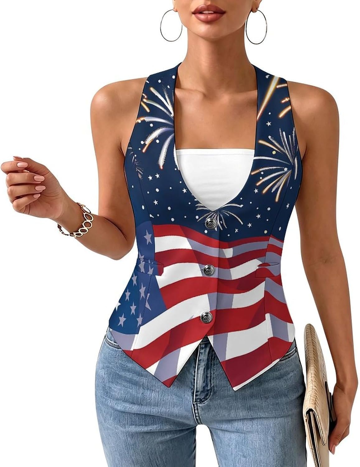 U.S.A. 4th of July Women's Tuxedo Waistcoat Suit Vest | 3 Button V-Neck Slim Fit Casual Sleeveless Top