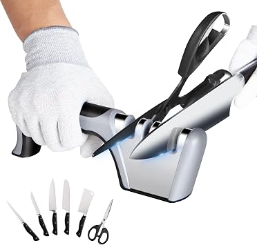 ASAB Knife Sharpener 4 in 1 Manual Kitchen Knife Sharpener with Cut Protective Gloves 4 Stage Knives Sharpener with Non-Slip Base Portable Knife Sharpening for Kitchen Knives and Scissors Polishing