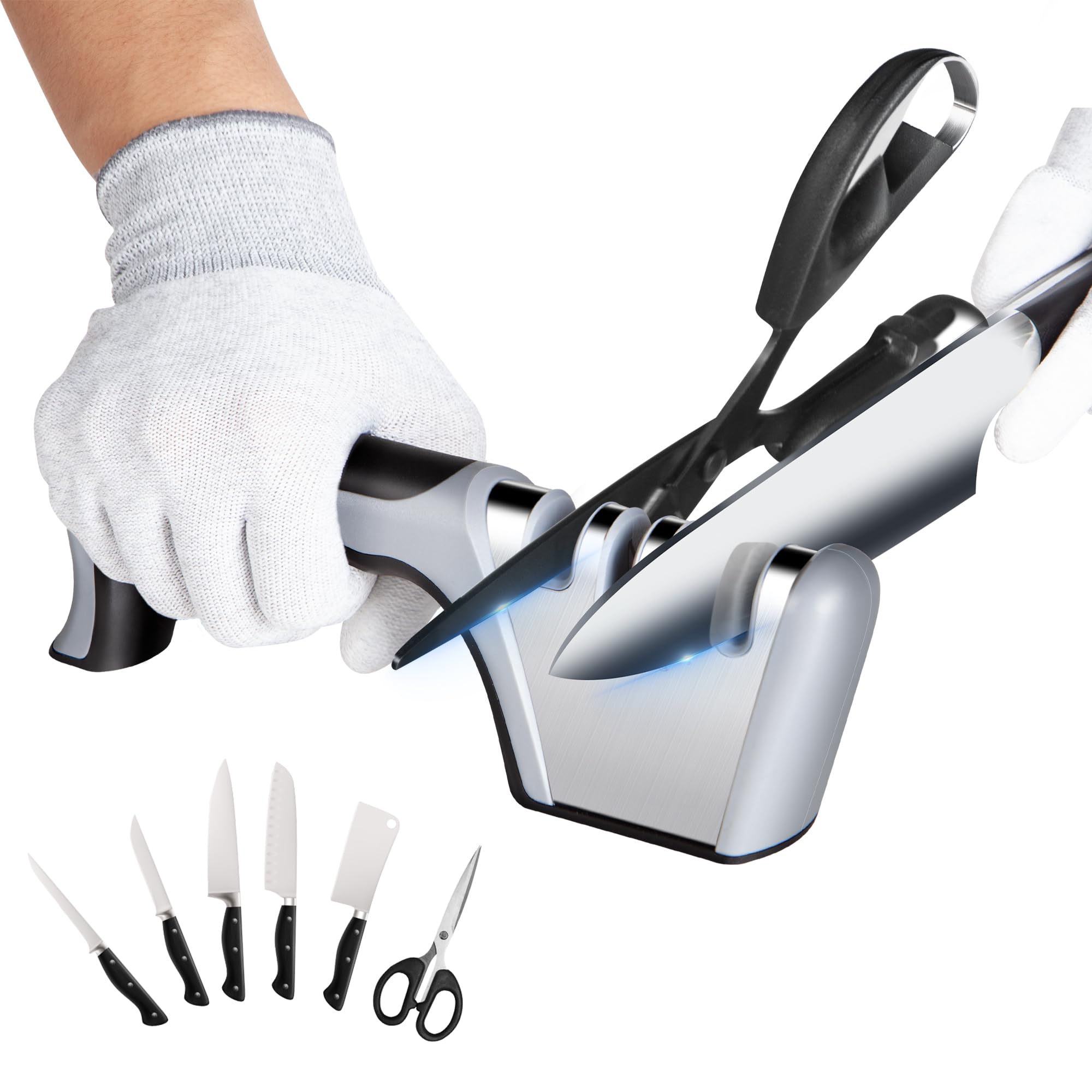 ASABKnife Sharpener 4 in 1 Manual Kitchen Knife Sharpener with Cut Protective Gloves 4 Stage Knives Sharpener with Non-Slip Base Portable Knife Sharpening for Kitchen Knives and Scissors Polishing