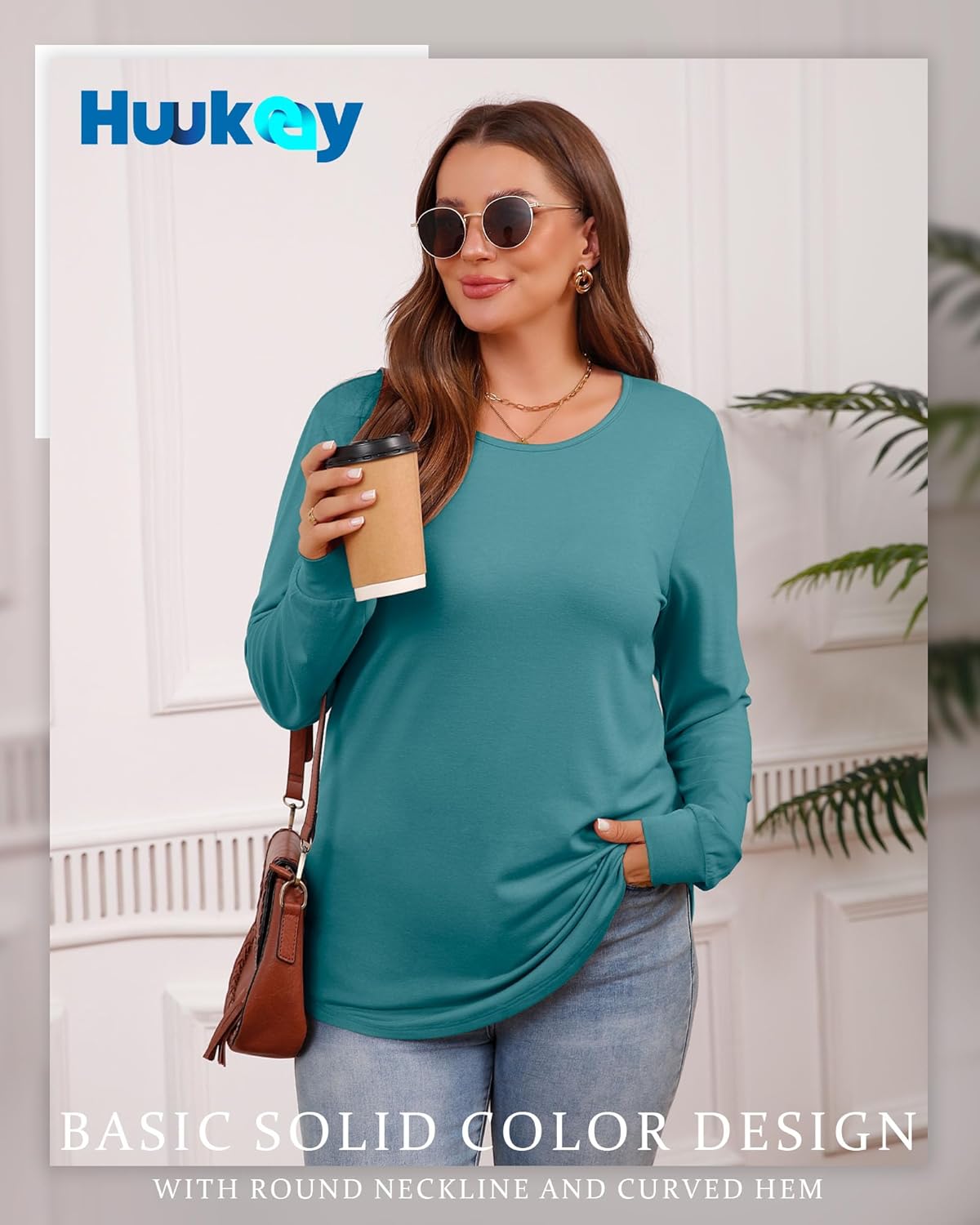 Huukeay 3 Pack Women Plus Size Long Sleeve Tops Loose Fit Tunic Shirts Crewneck Basic Tops Curved Hem Casual T Shirts - Image 3