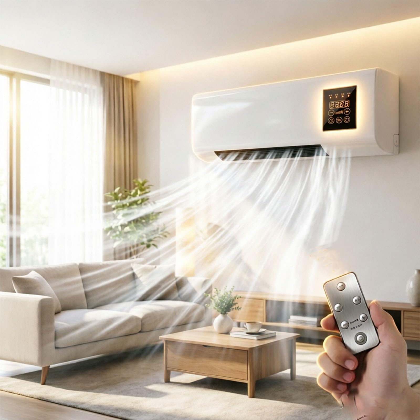 Tragbare Klimaanlage für Kühlung und Heizung, komfortables ganzjähriges Zubehör für Zuhause, modernes Design-Element für die Luftzirkulation, platzsparend, ohne Bohren