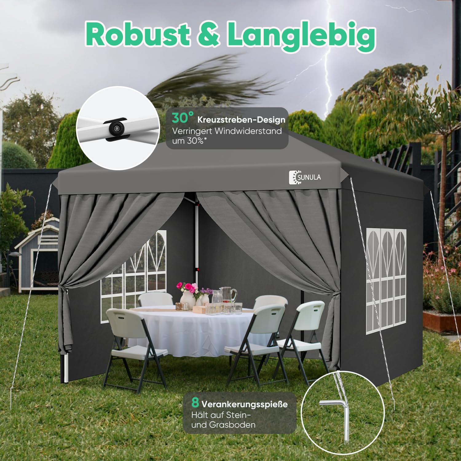 Sunula Pavillon 3x3 Wasserdicht Stabil Winterfest mit 4 Seitenwänden - 2026 Version, Faltpavillon 3x3m mit Verdickten Röhren, Partyzelt Gartenpavillon Faltzelt (Grau)