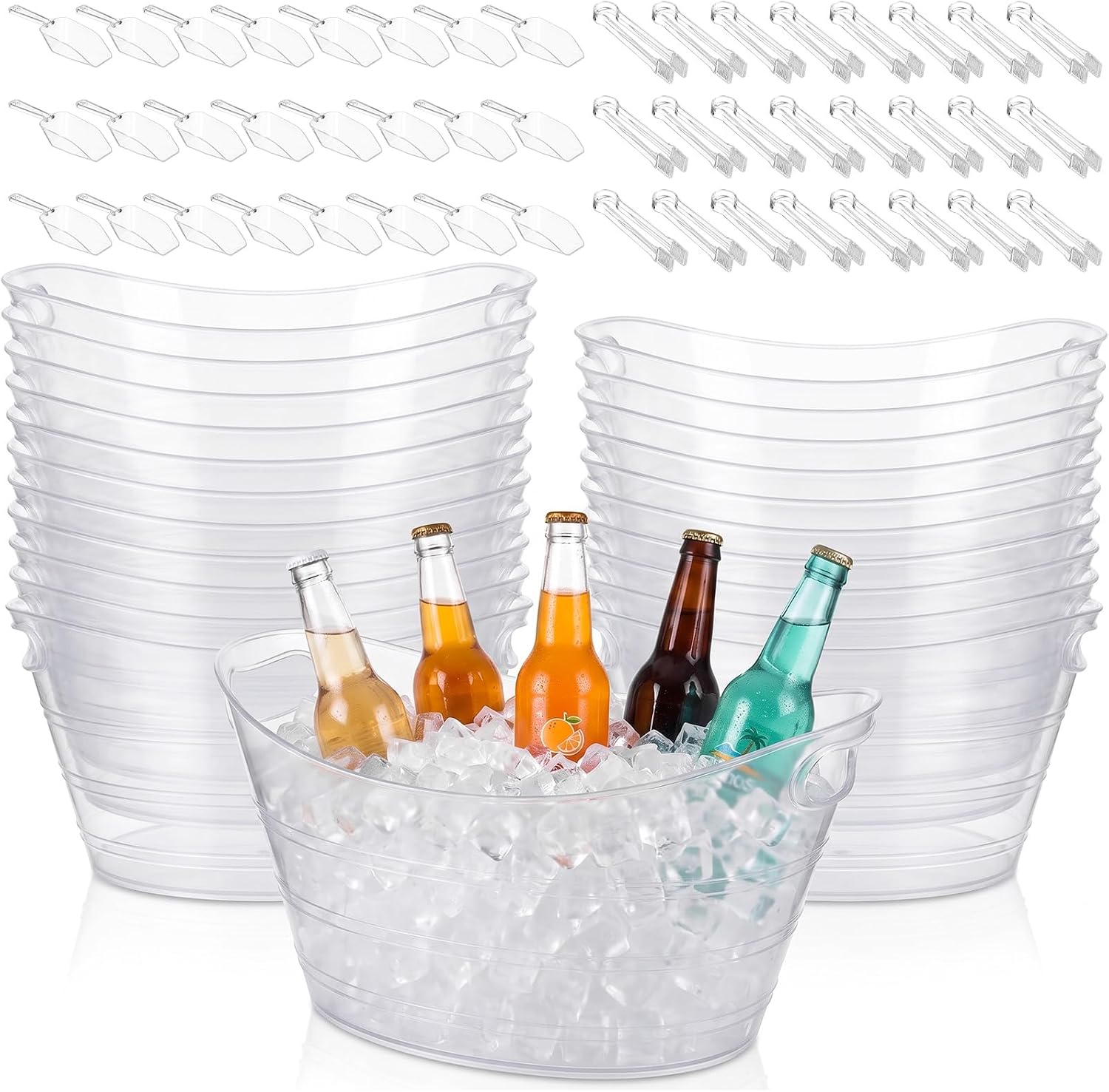 24 Set 7 L Ice Buckets with Scoop and Tong Plastic Oval Storage Tub,Clear | Beverage Beer Bucket with Handles Summer Drink Cooler Tub for Bar Beach Pool Party Wine Champagne Beverage Bottle Cooler
