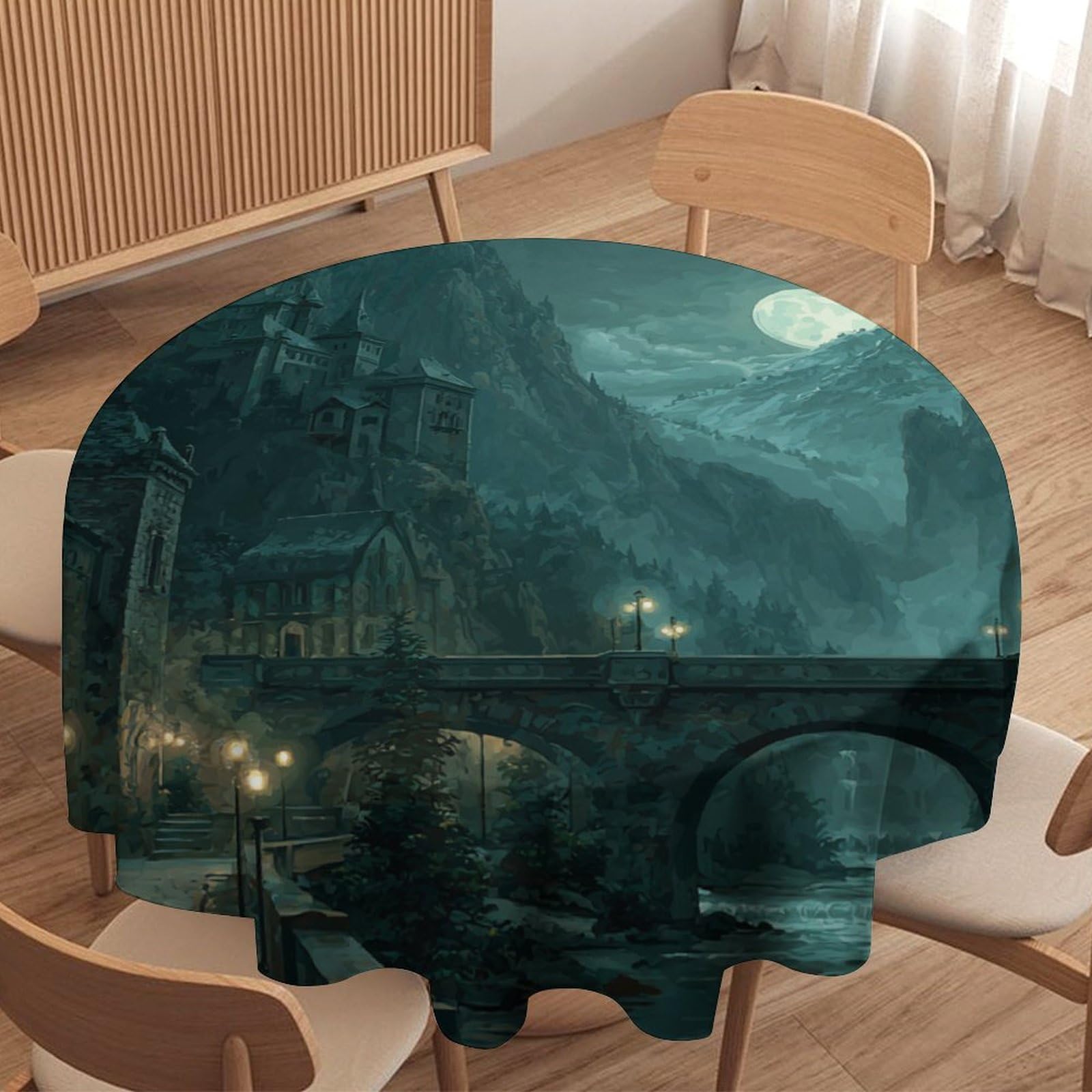 LUYYSKY Classic Realistic Misty Castle Waterproof Round Tablecloth Oil Painting Halloween Full Moon Gothic Mid Century Castle Washable Table Cover for Kitchen-91.4" Wx91.4 L cm