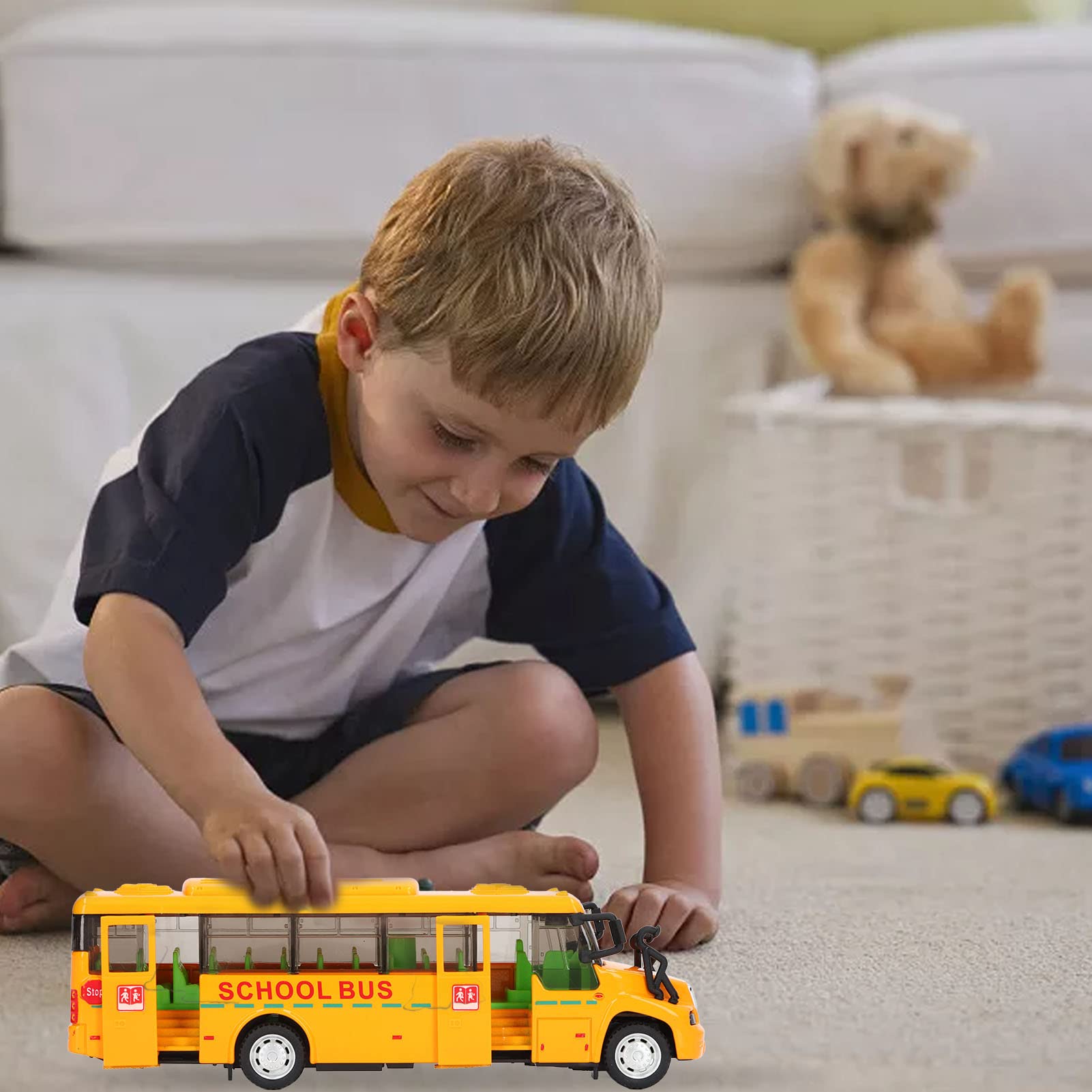 Modello di Autobus Scuola Giallo in Lega Pressofuso Porta Aperta 1:32, Veicolo Giocattolo con Luci e Suoni