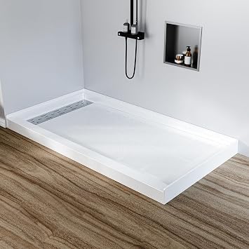 60" x 32" Shower Base Non-Slip SMC Shower Pan with Left Drain, White Bathroom Shower Tray Kit, 304 Stainless Steel Square Drain Cover, Single Threshold Floor for Easy Installation