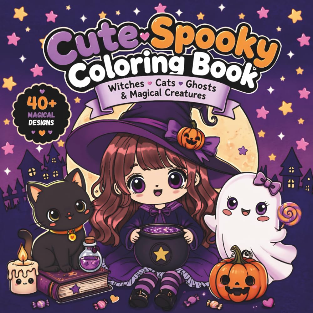 Cute Spooky Coloring Book: For Kids, Teens & Adults – Kawaii Halloween Witches, Cats, Ghosts & Magical Creatures
