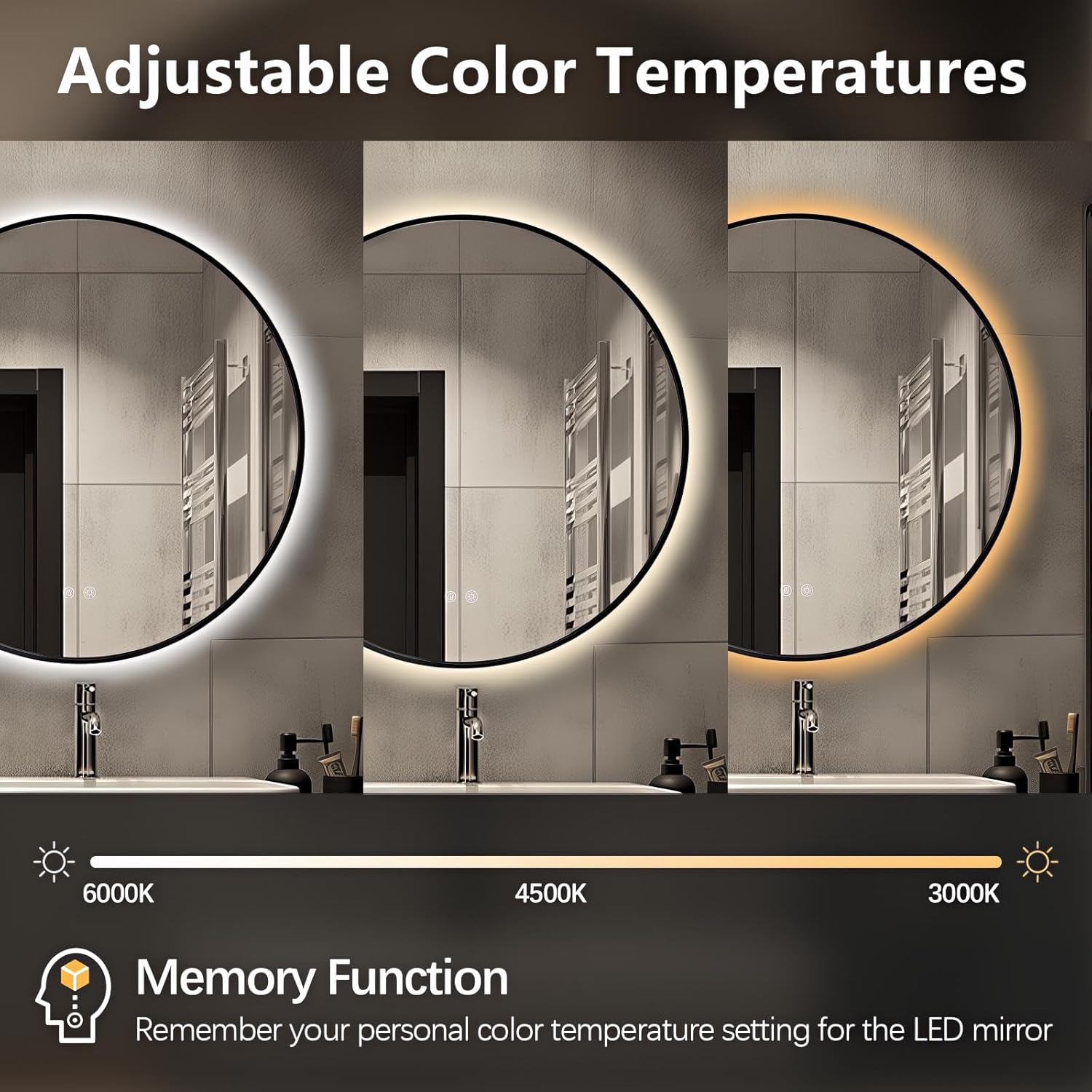 niccy 30" round led bathroom backlit mirror with lights, black frame lighted bathroom vanity mirrors for wall circle mirrors with anti-fog, light up mirror 3 color shatterproof black 30"l x 30"w