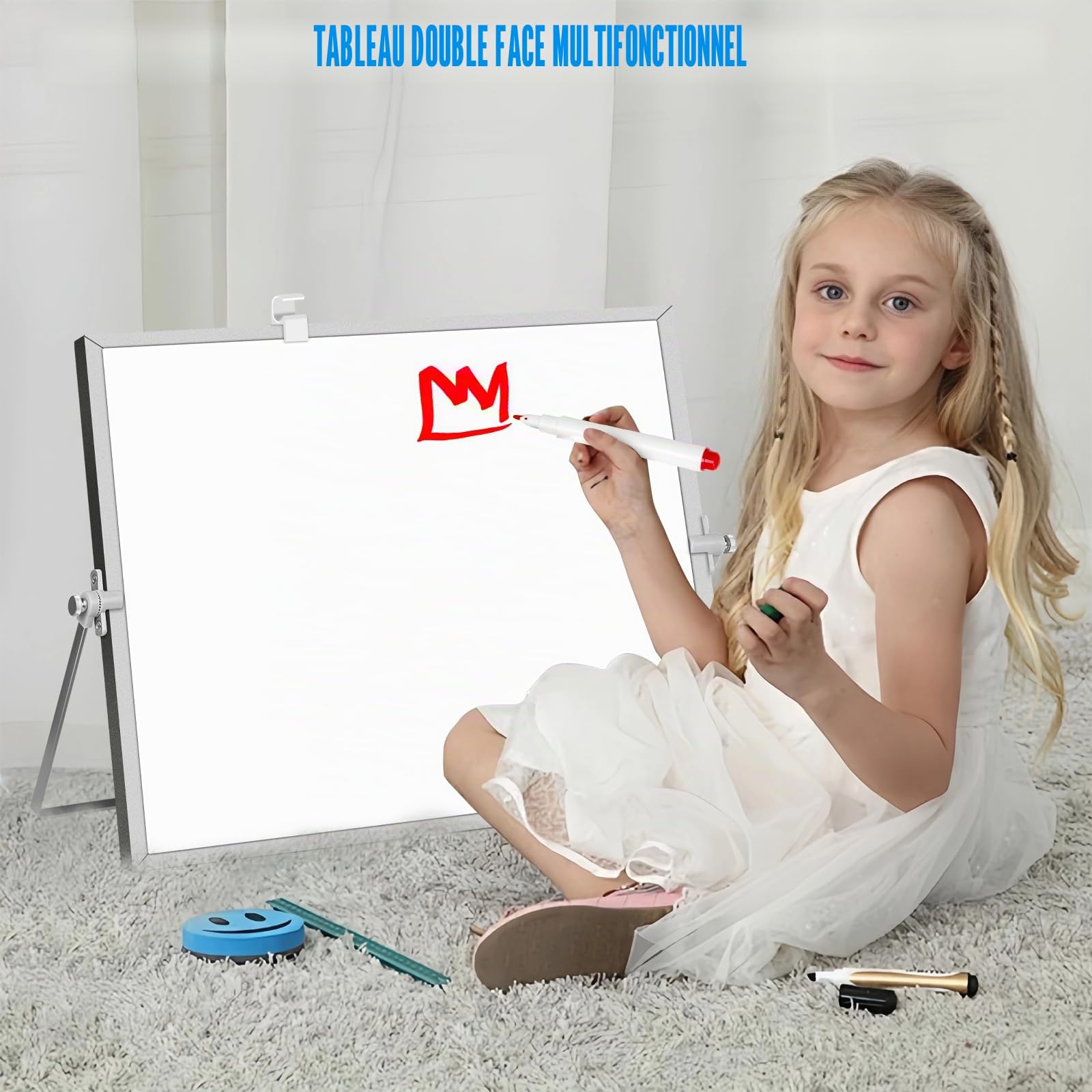 Mini tableau blanc, format A3, avec support, 30 x 40 cm, magnétique, effaçable, portable, double face, pour la planification, l'école et le bureau, avec 10 marqueurs, 4 aimants, 1 éponge