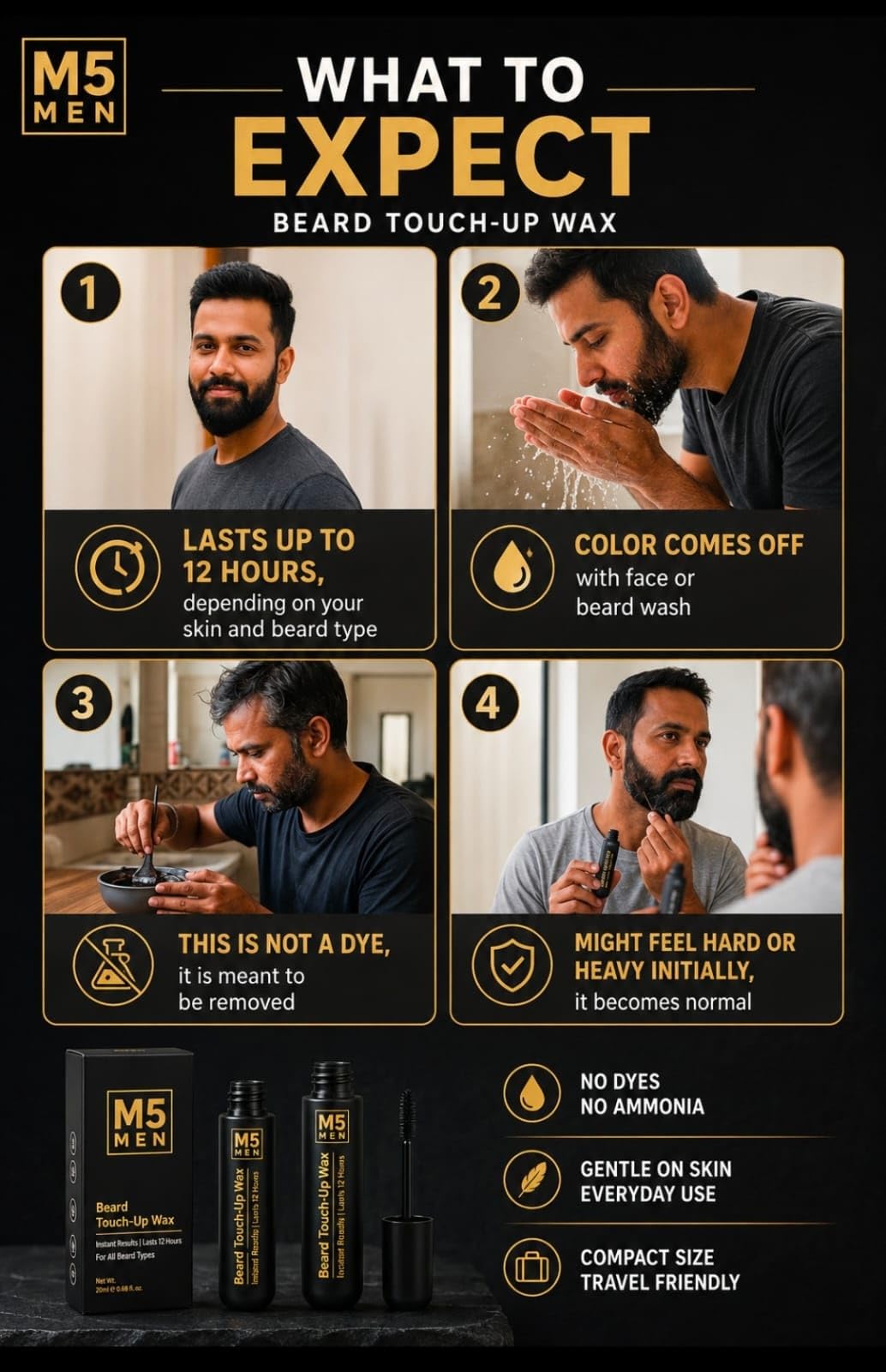 M5MEN Beard Touch Up Wax for Men, Natural Black Beard & Moustache Colour, Instant Grey Hair Coverage, Quick Beard Fix, Long Lasting Up to 12 Hours Hold, Pack of 2 4