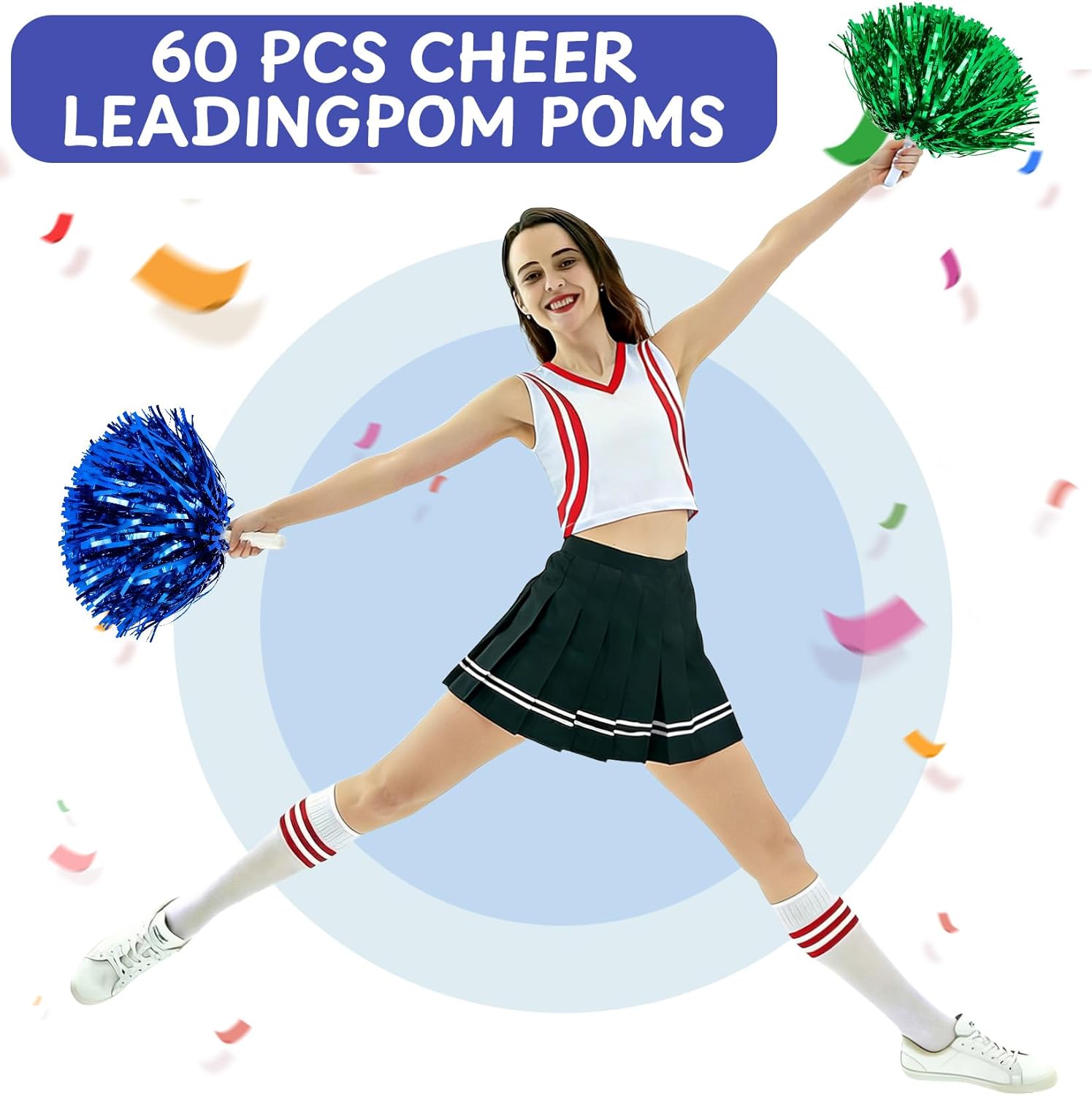 60/100PCS Pom Poms Cheerleading Metallic Foil Cheer Pom Poms with Plastic Handles, Cheerleader Pom Poms for Cheering Squad Team Spirited Sports Game Dance Party