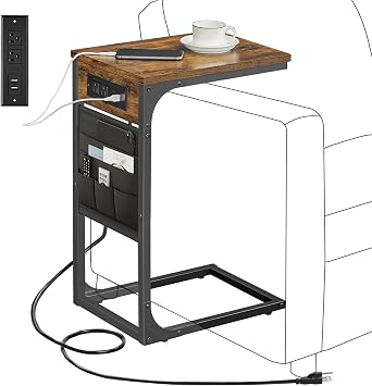 TUTOTAK C Shaped End Table with Charging Station, Side Table for Sofa