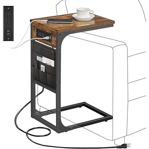 TUTOTAK C Shaped End Table with Charging Station, Side Table for Sofa