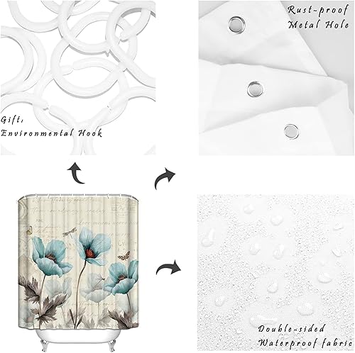 Miniatura 6 de Cortina de ducha impermeable, diseño retro, con 12 ganchos, diseño floral, mariposa, libélula, con 12 ganchos, cortinas de baño para casa rural,
