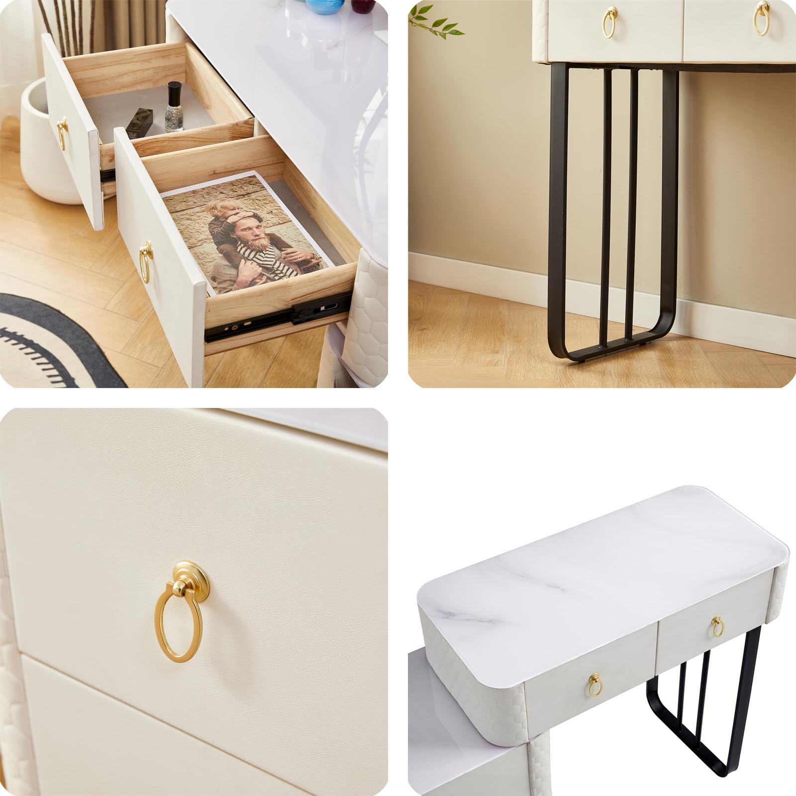 SHARPDO Coiffeuse avec Miroir LED, Caisson Aspect Simili Cuir & Plateau en Verre Trempé, Table de Maquillage avec 4 Tiroirs, Extensible 80 à 110 cm, Blanc, Compacte pour Chambre