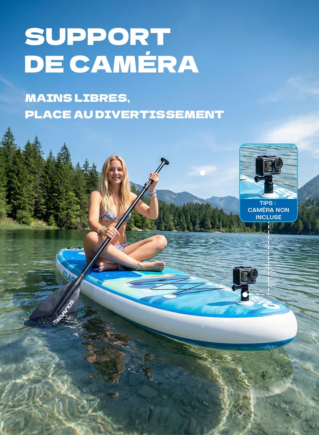 SOLAVERO Paddle Gonflable Adulte, 335 x 83 x 15 cm Stand Up Paddle avec Pont EVA Antidérapant, Pagaie Réglable, 3 Aileron, pour Tous Les Niveaux de Compétence, Jusqu'à 200 kg
