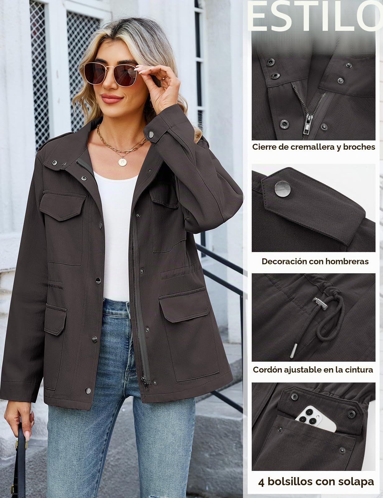Tuopuda Chaqueta Militar Mujer de Algodón Ligero Primavera Otoño Entretiempo Cazadora Casual Chaqueta Cintura Alta Cordón Parka con Bolsillos
