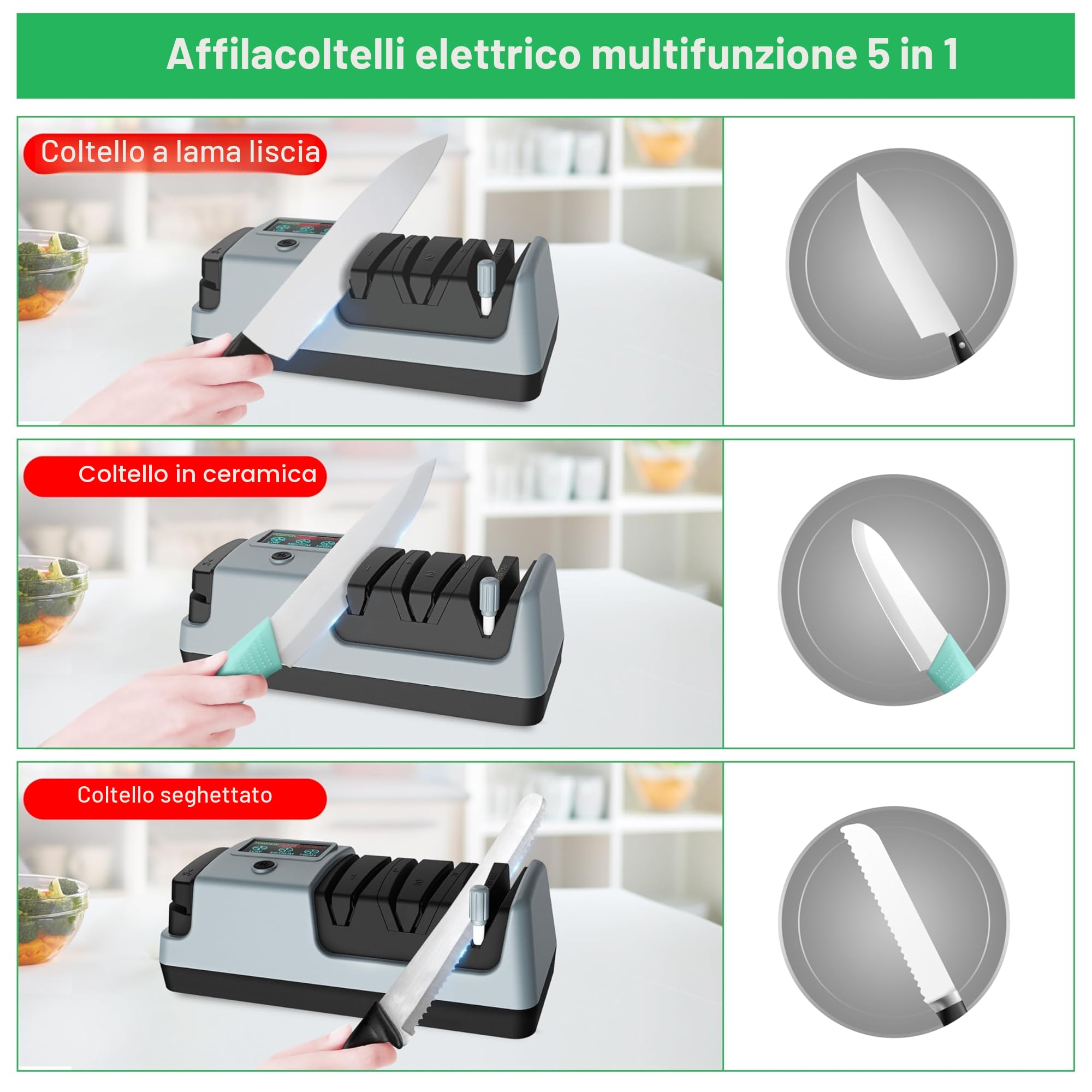 Affilacoltelli elettrico 5 in 1, 3 velocità di rotazione, affilacoltelli elettrico regolabile, adatto per coltello a lama dritta, dentati, da tritare e forbici