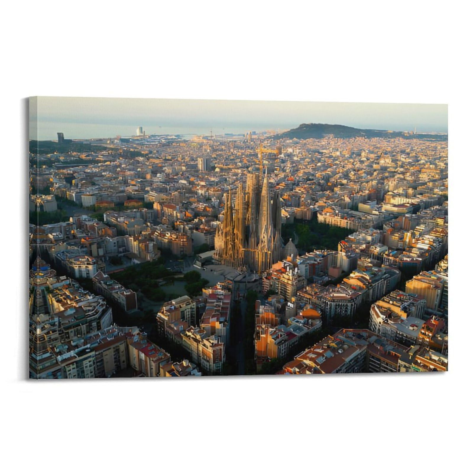 OKNGB Barcelona Cityscape Poster Sagrada Familia Basilica Panoramic Aerial View, Catalonia Architecture Coastal Mountain Horizon Decorative Painting Canvas Art Picture 12x18inch(30x45cm)