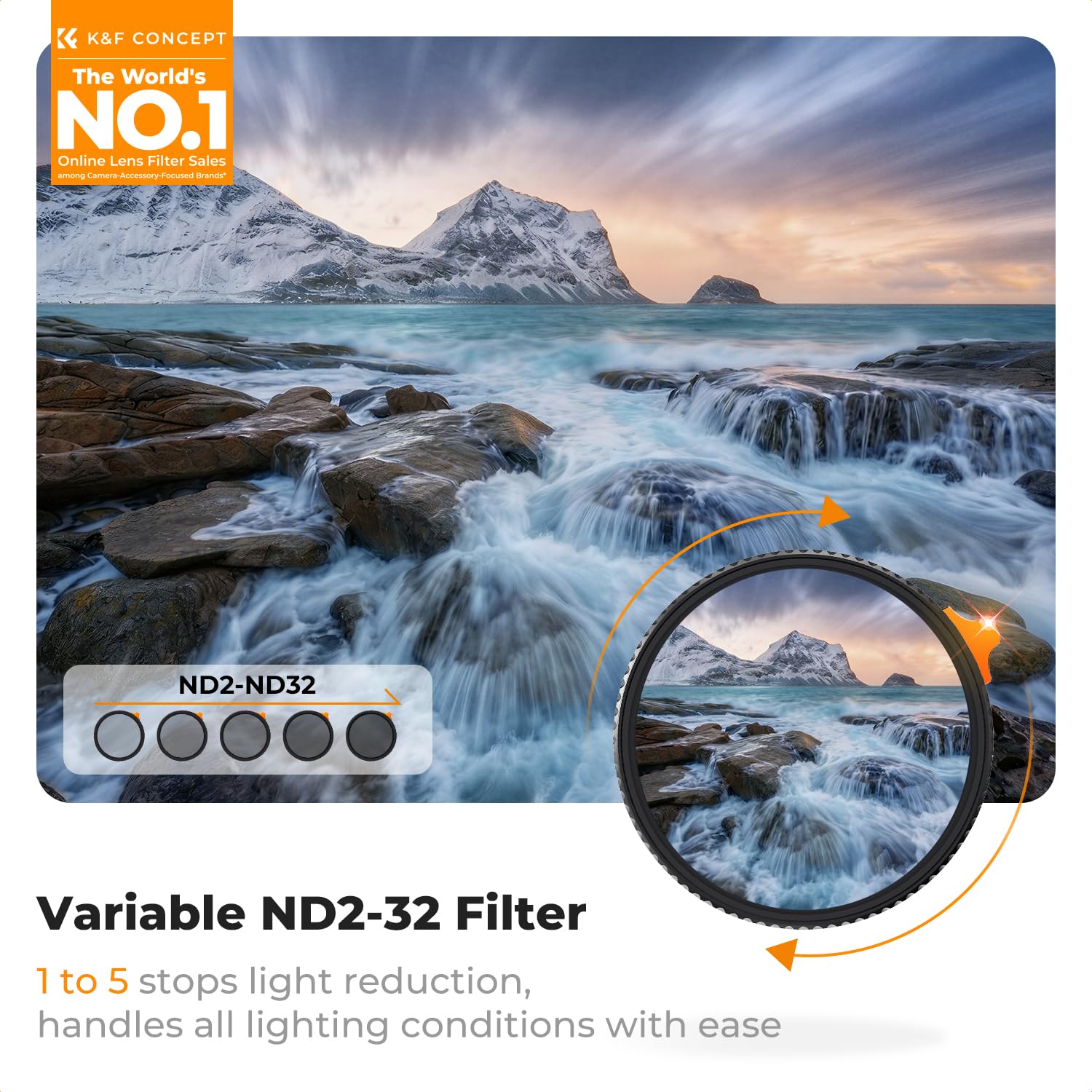 K&F Concept Filtr ND o zmiennym kolorze 52 mm ND2-32, ultra niski współczynnik odbicia, neutralna gęstość, regulowany filtr obiektywu ND, powłoka nano-wodoodporna, seria Nano-X