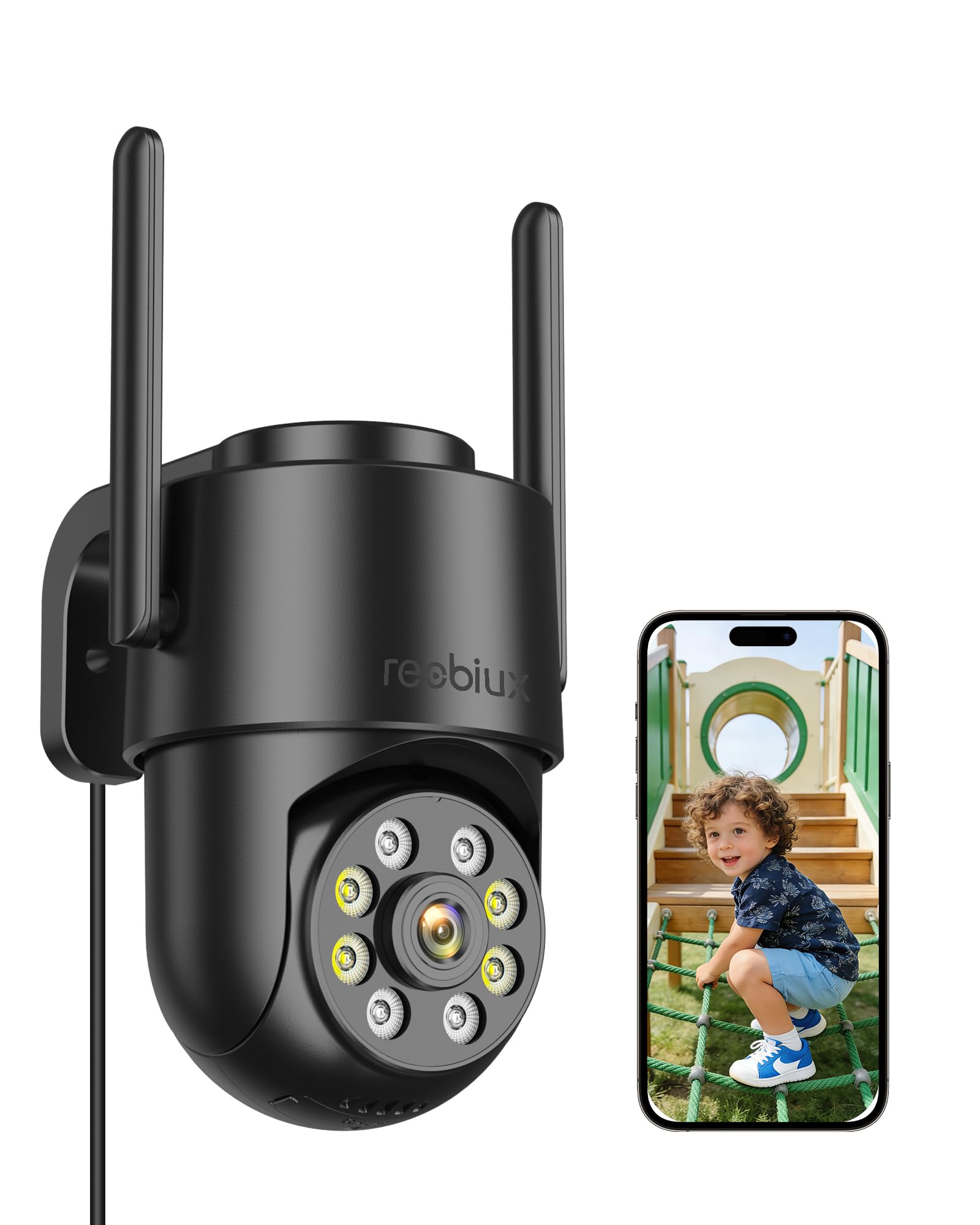 Reobiux Outdoor WiFi Surveillance Camera, 2K Waterproof WiFi 2.4 GHz, PTZ 360°, Motion Detection, Night Vision, Two-Way Audio, Security for Home, Garage and Garden, 3 m Cable